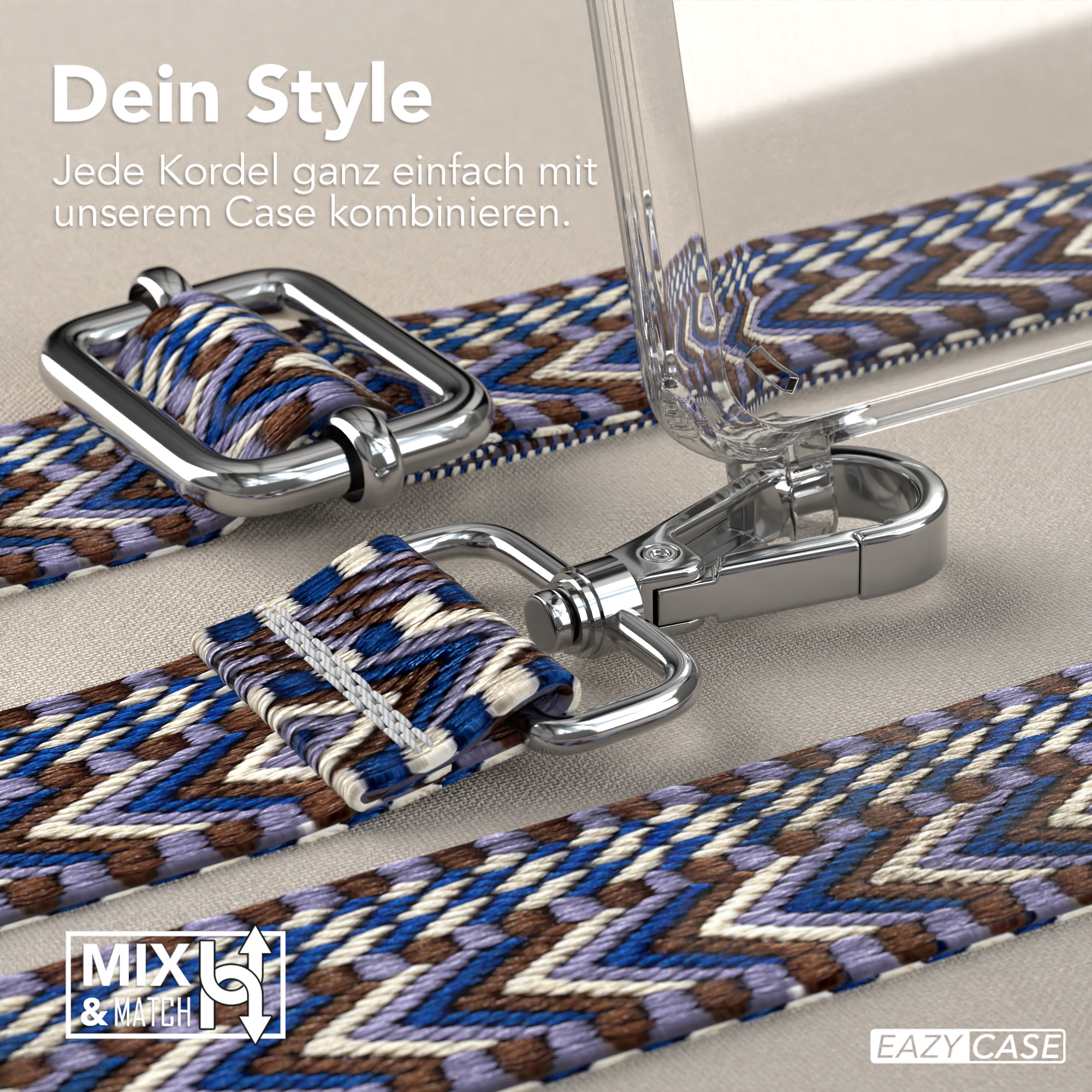 Nahaufnahme eines Telefonriemens mit blau-braunen Mustern, silberner Hardware und einer transparenten Handyhülle.