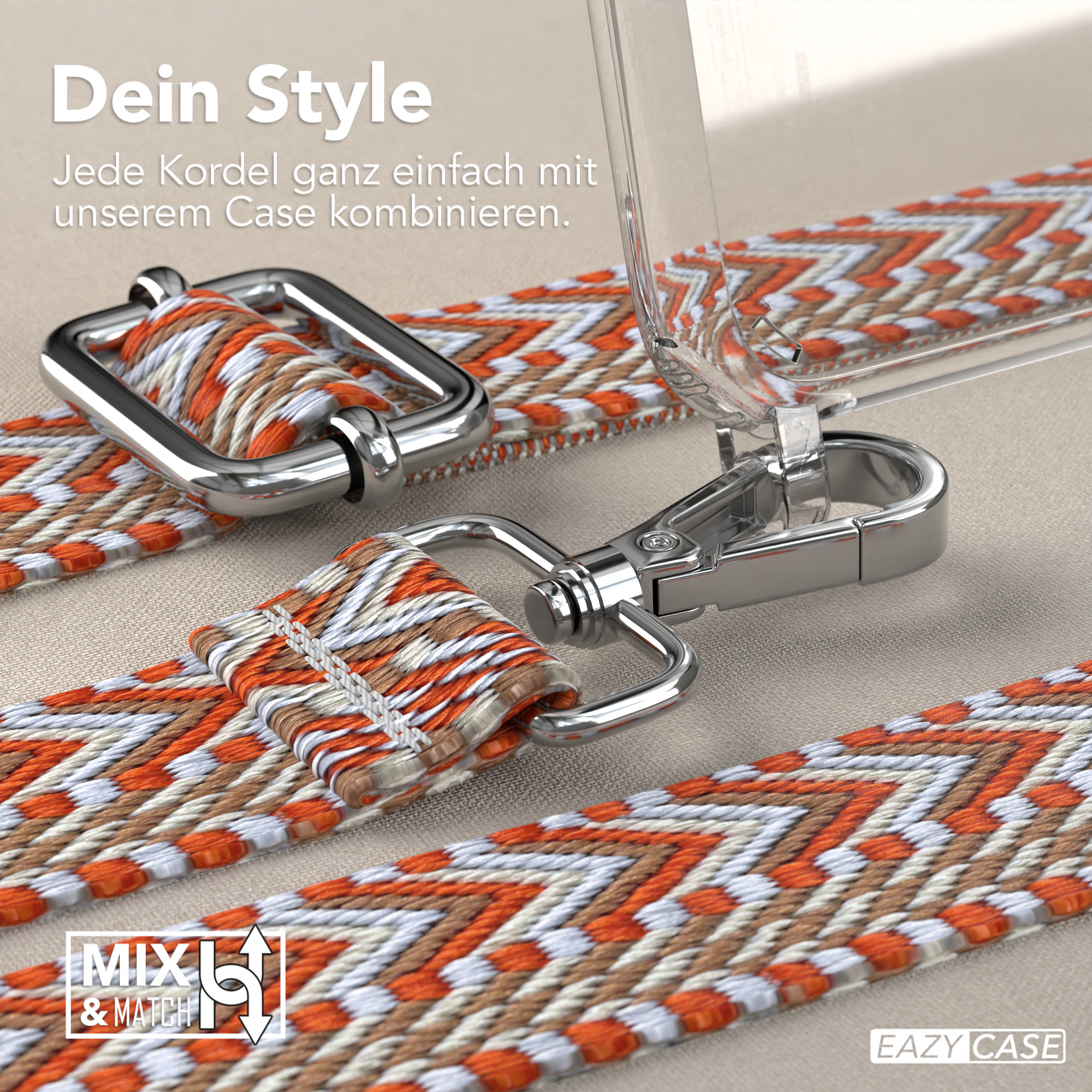 Nahaufnahme von Handyriementeilen, silbernes Metall und orangefarbenes Webdesign.