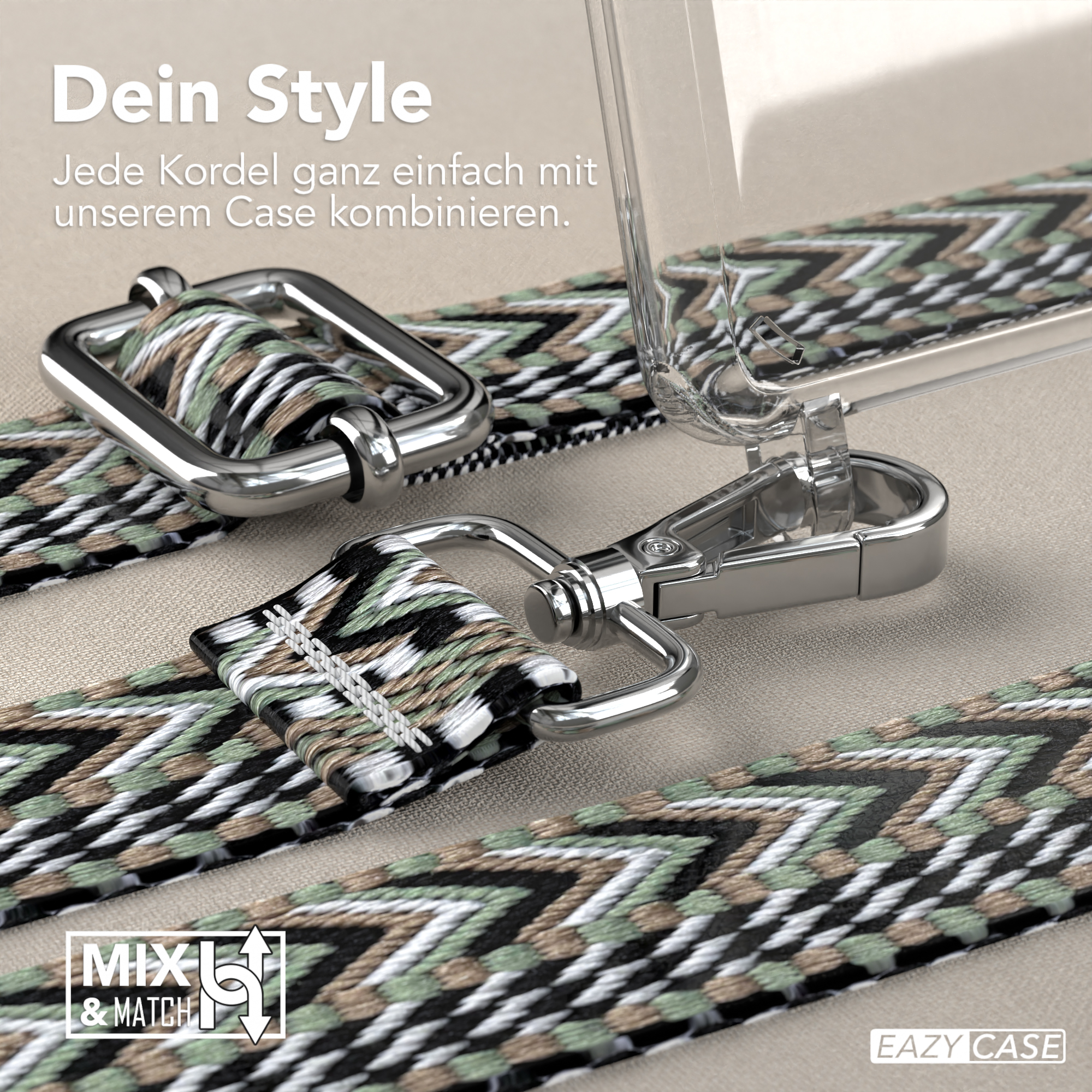 Nahaufnahme eines an einer Handyhülle befestigten Lanyards mit gemustertem Riemen.