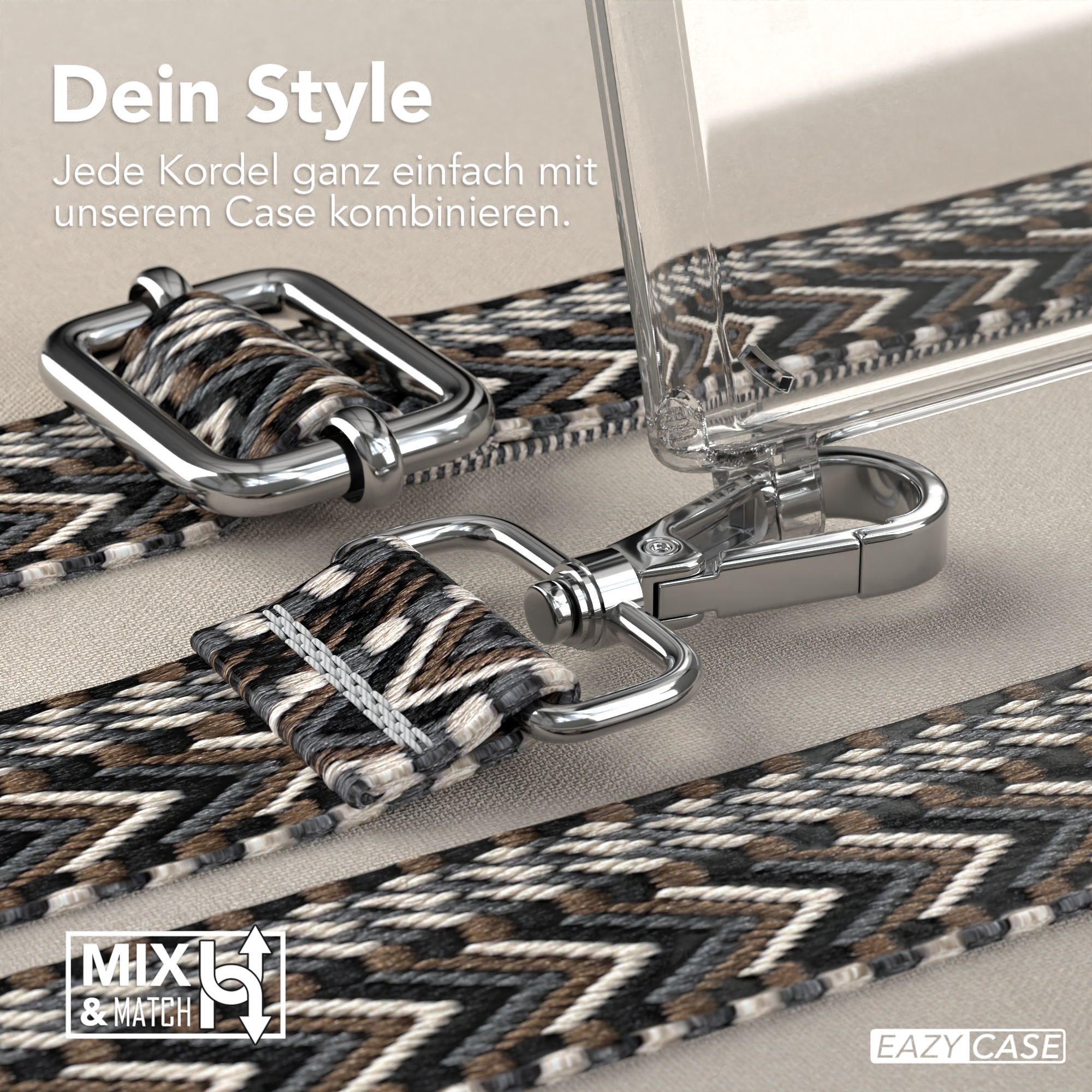 Handy-Trageband mit gemustertem Design. Silberne Metallbeschläge. Text sagt 'Mix & Match' und 'Eazy Case'.