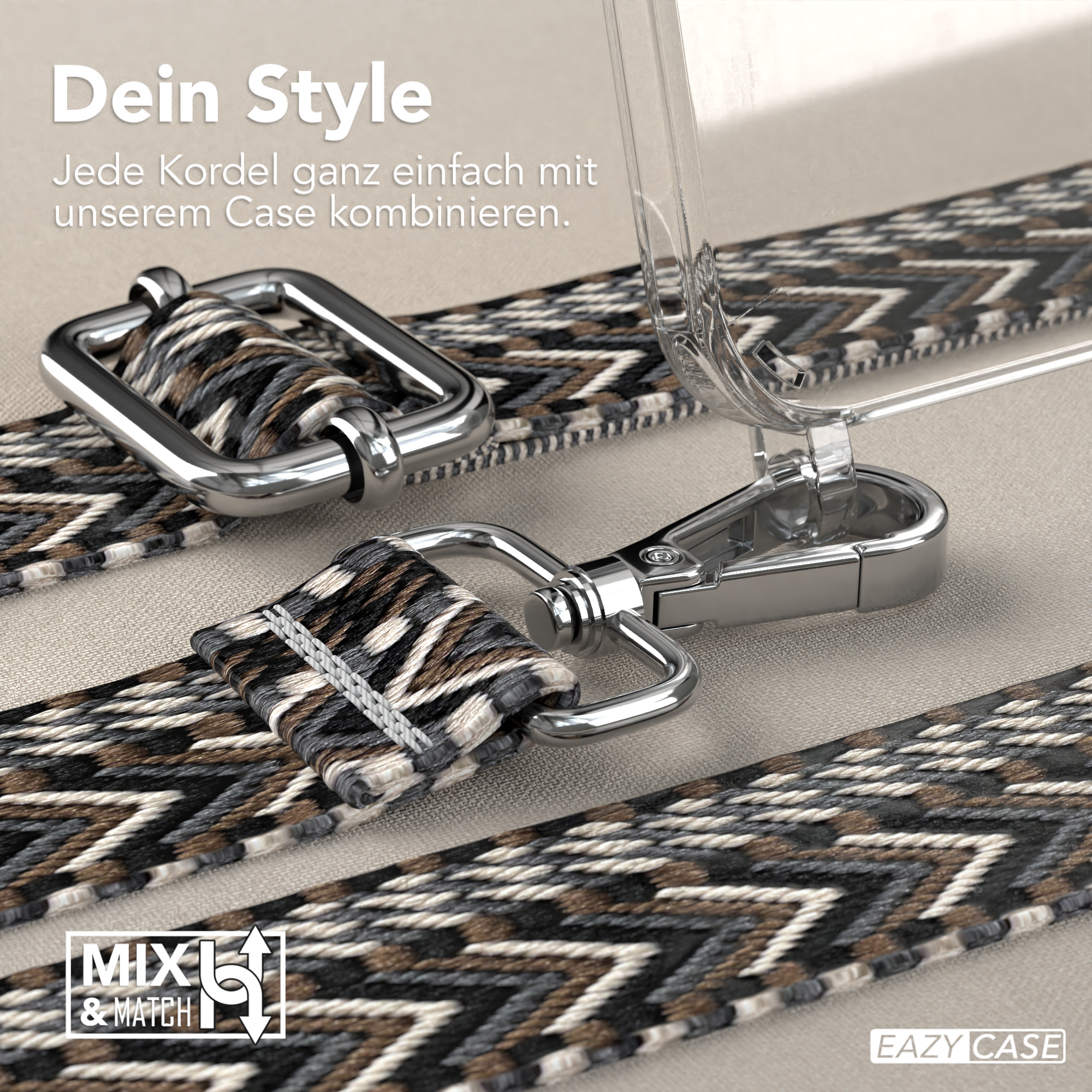 Nahaufnahme eines Armbands mit grauen, braunen und schwarzen Mustern. Metallclips sind befestigt.