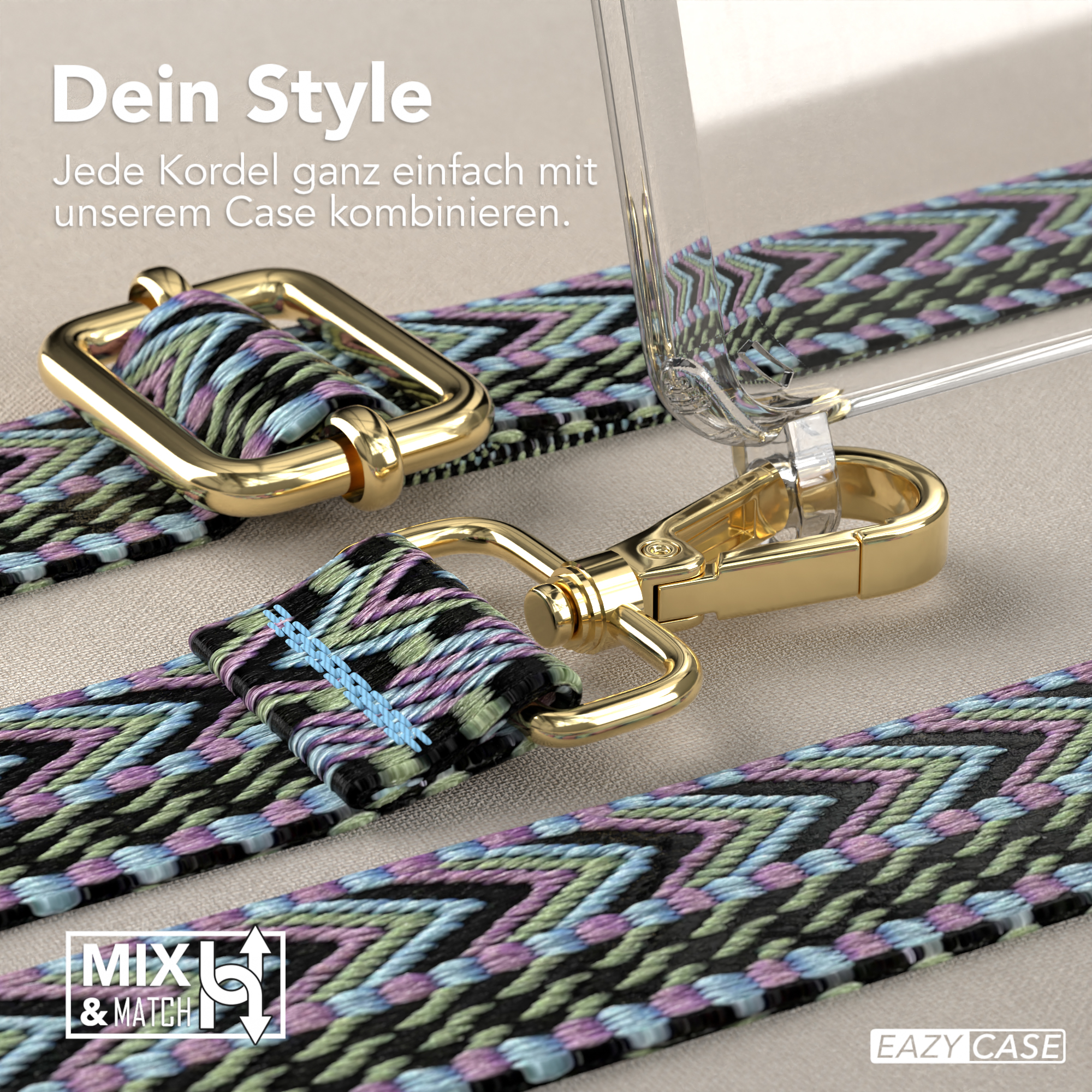 Nahaufnahme von Handytasche und -hülle mit goldfarbener Hardware. Text lautet 'Dein Style'.