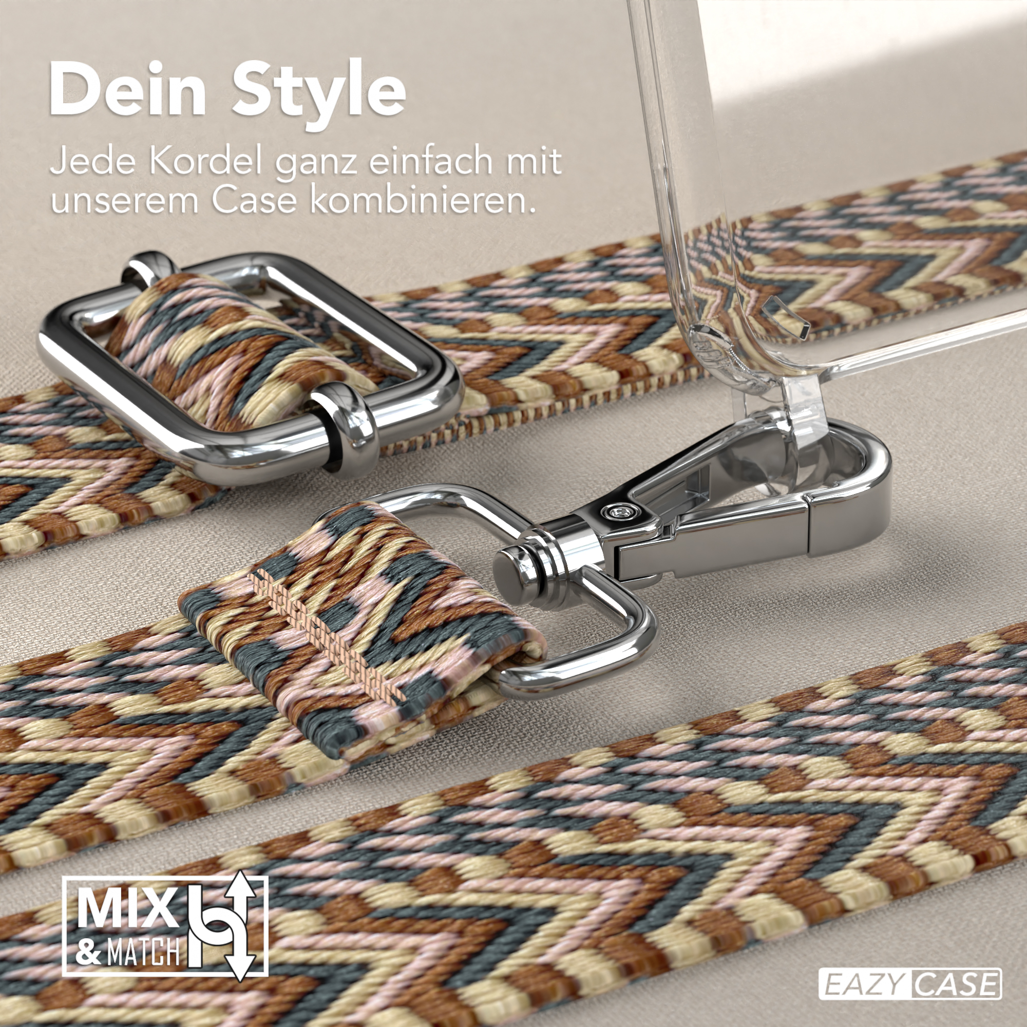 Handyband mit zwei Mustern: braun und blau. Silberne Metallverschlüsse.