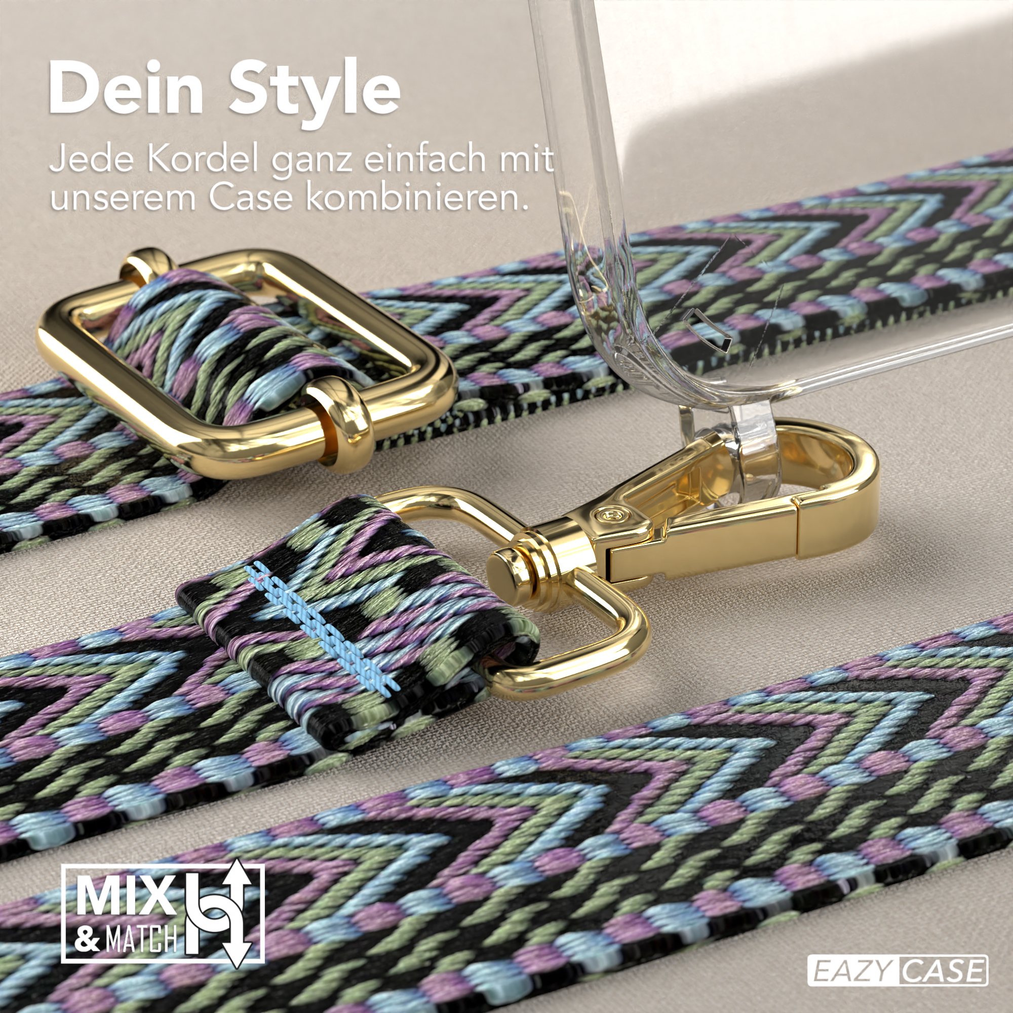 Nahaufnahme einer Handyhülle mit Trageriemen. Goldener Verschluss und Muster sichtbar.