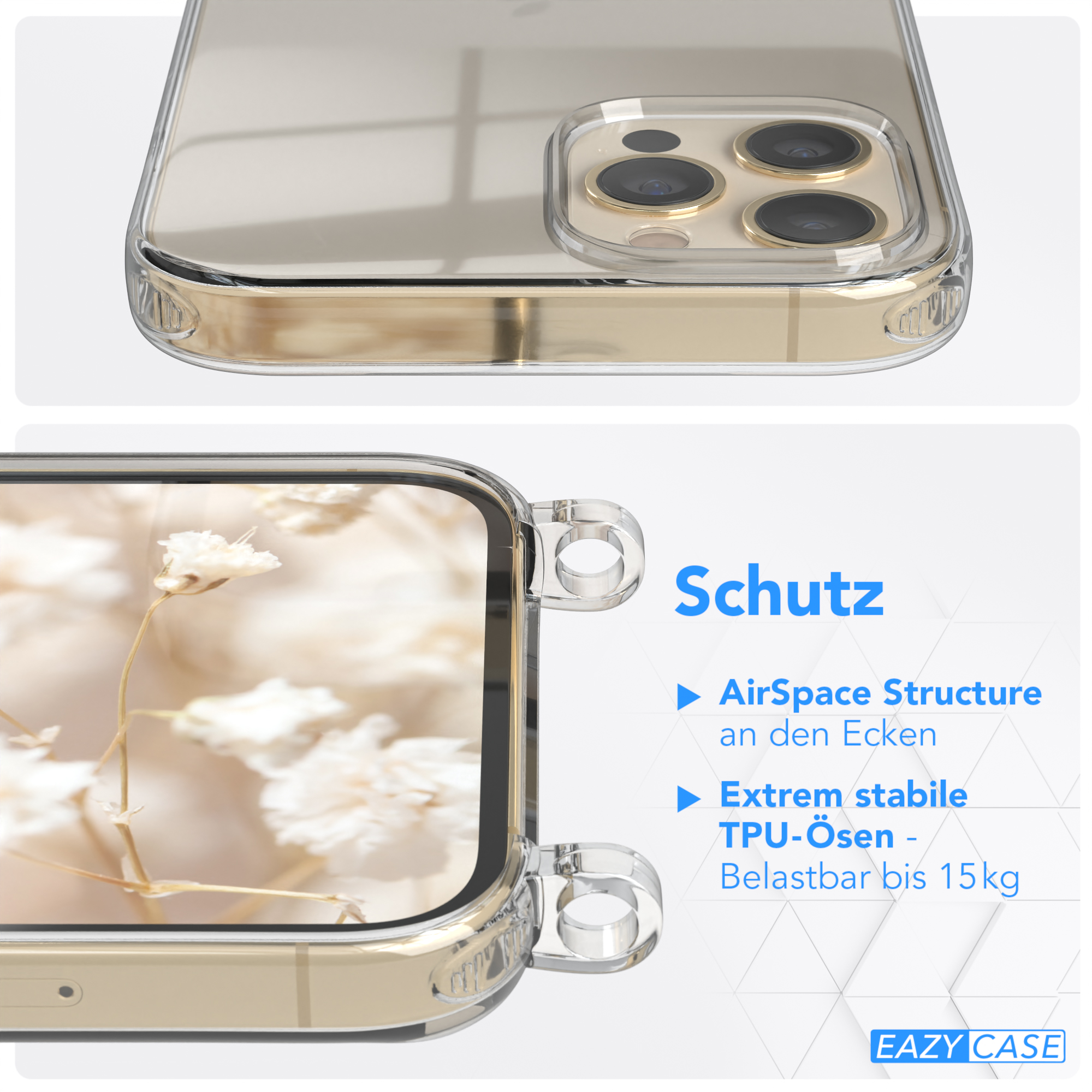 EAZY CASE Transparente Handyhülle mit iPhone Apple, Style, Violett Grün 12 Pro / Max, Kordel Umhängetasche, Boho