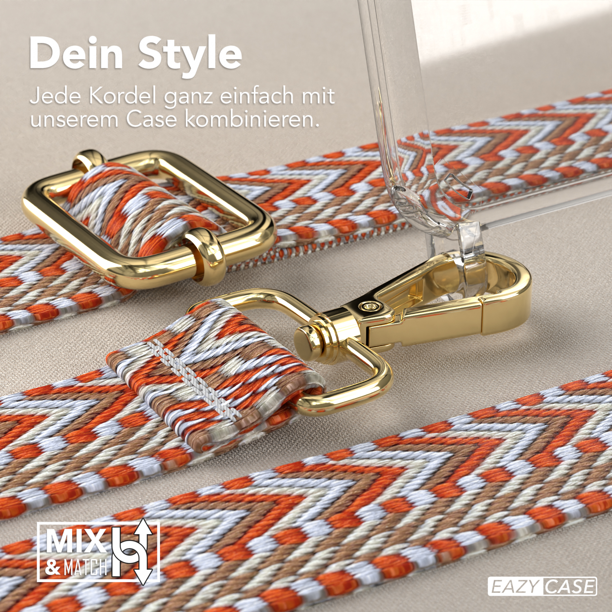 Nahaufnahme eines Telefonhüllenriemens mit goldener Hardware und gemustertem Riemen. Text: Dein Style.