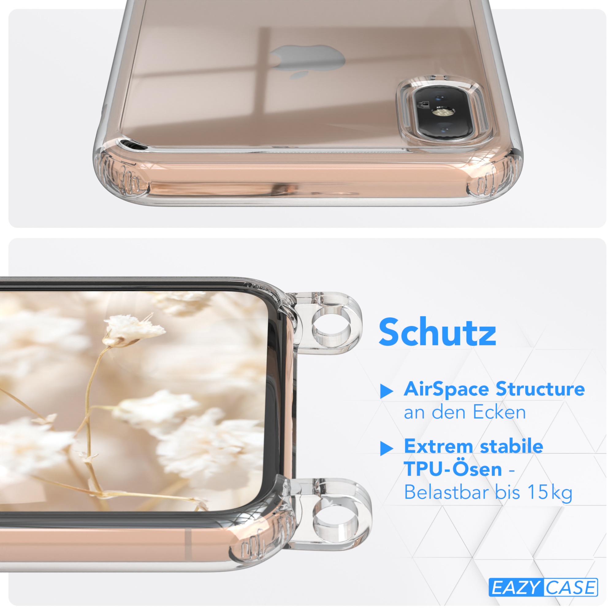 EAZY CASE Transparente Handyhülle mit Style, XS Umhängetasche, Boho Schwarz Apple, Kordel Grün Max, / iPhone
