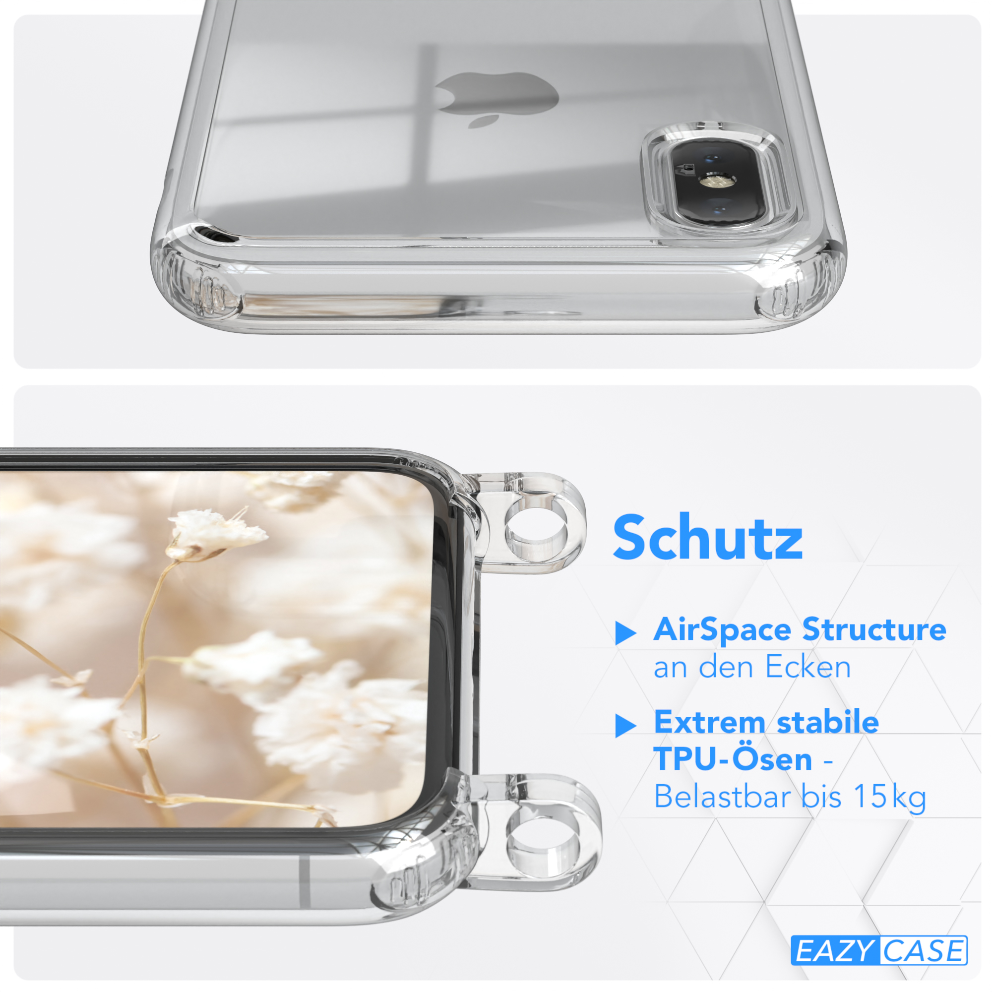 EAZY CASE Transparente Handyhülle iPhone mit Umhängetasche, Apple, Weiß Blau Kordel / XS Boho Style, Max