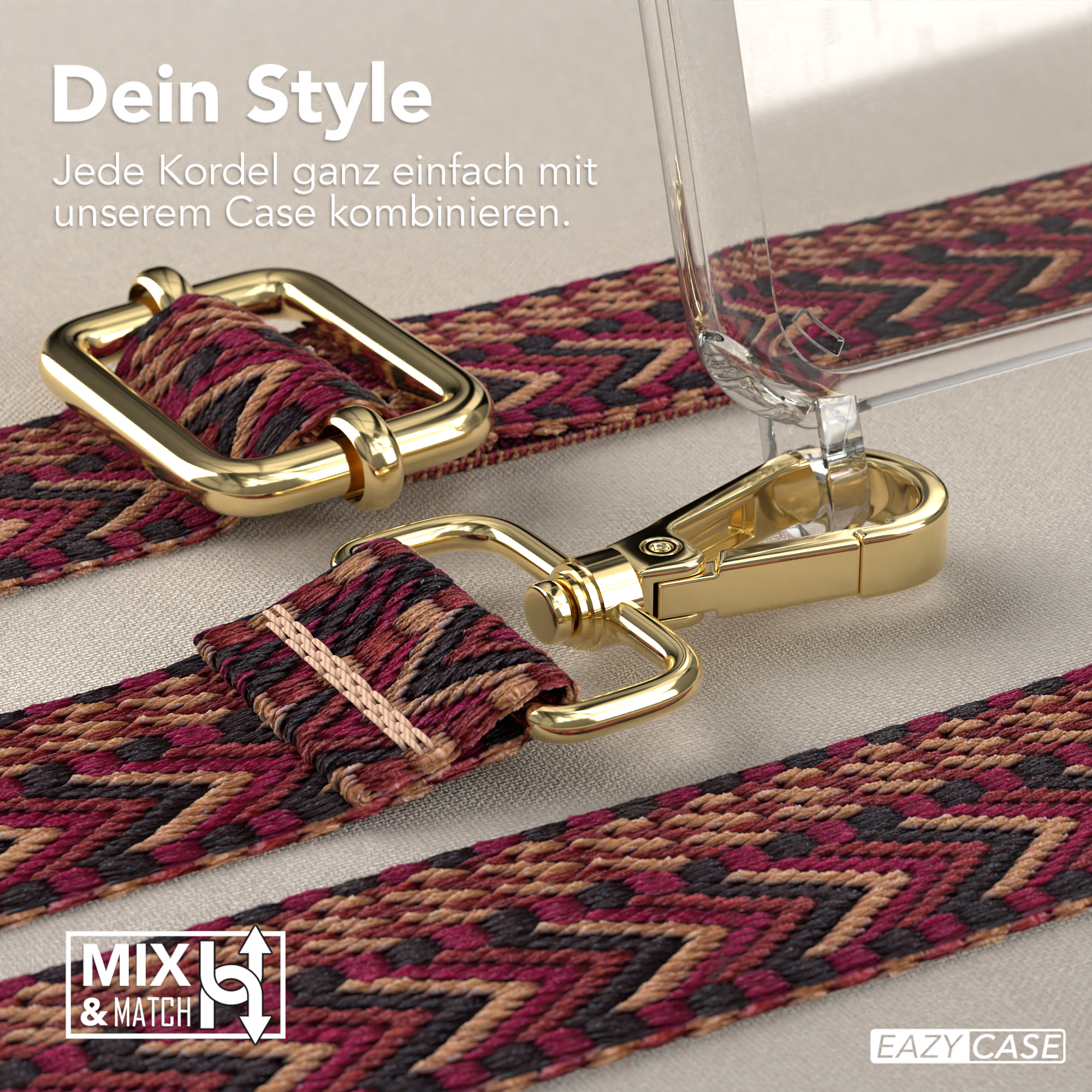 Transparente Handyhülle mit Riemen. Riemen hat weinrotes, schwarzes und braunes Webmuster, goldener Verschluss.