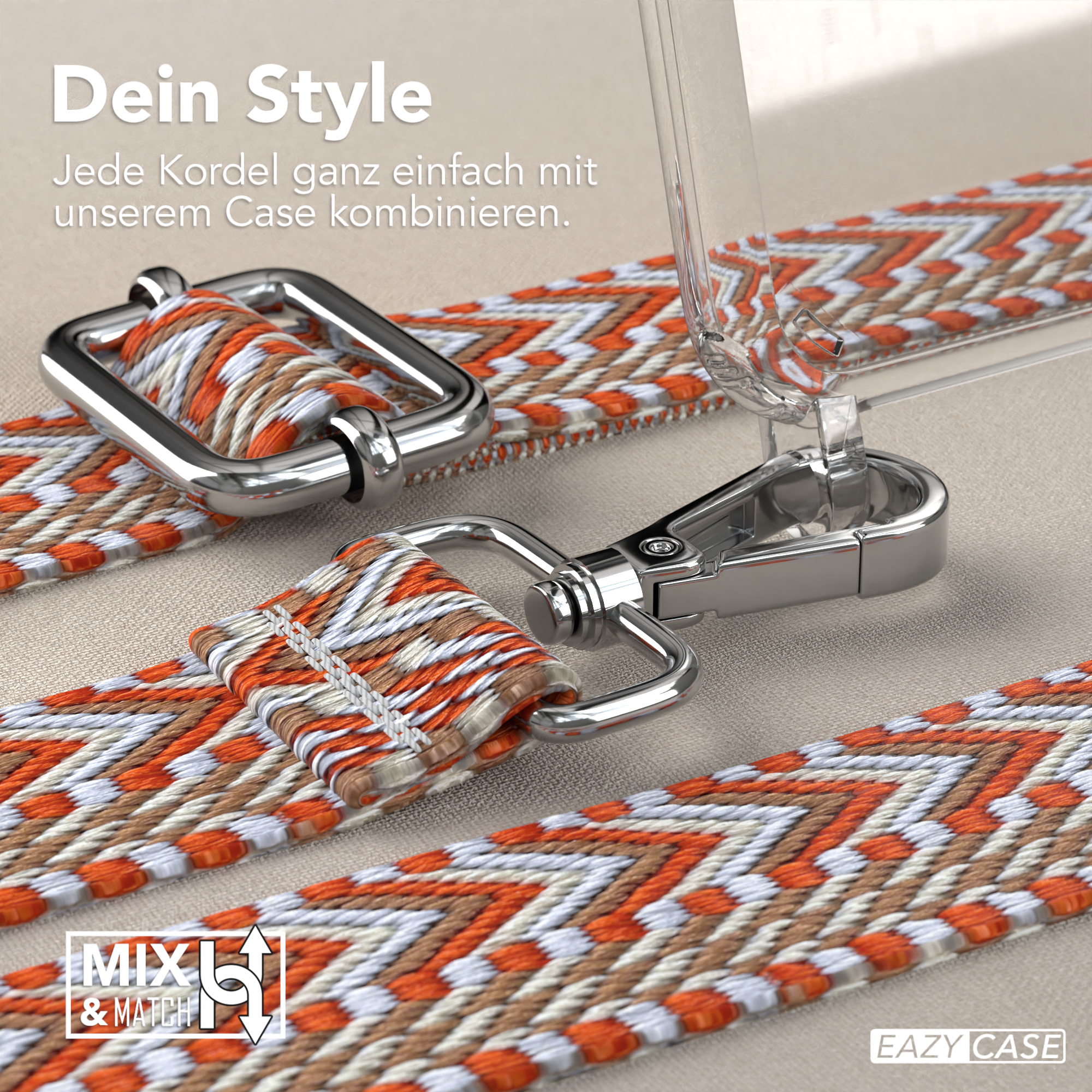 Nahaufnahme eines Telefonriemens mit orange-weißem Design und silberner Schnalle.