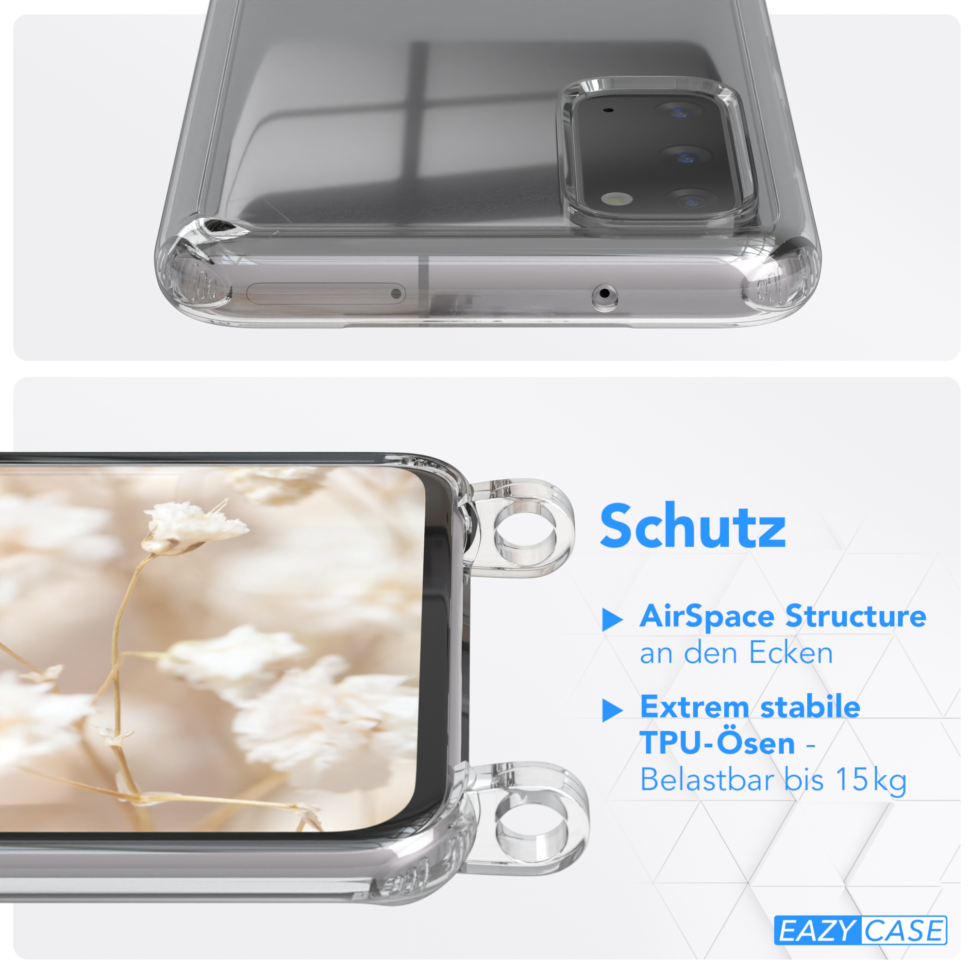 EAZY CASE Transparente Handyhülle mit Boho Samsung, / Kordel S20, Umhängetasche, Style, Galaxy Weiß Blau