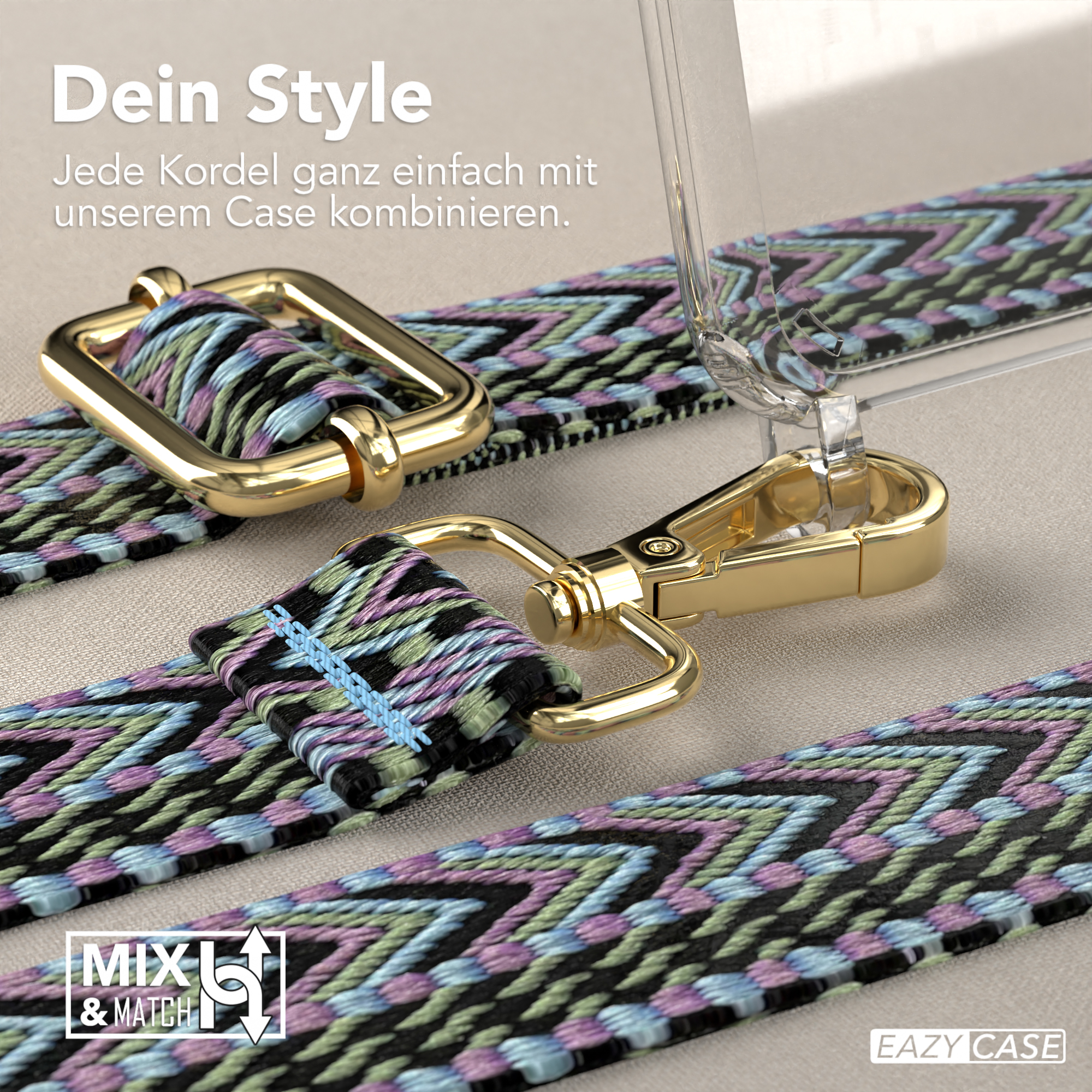 Nahaufnahme von Handyhülle und Riemen. Hülle ist transparent, Riemen mit blau und grün.