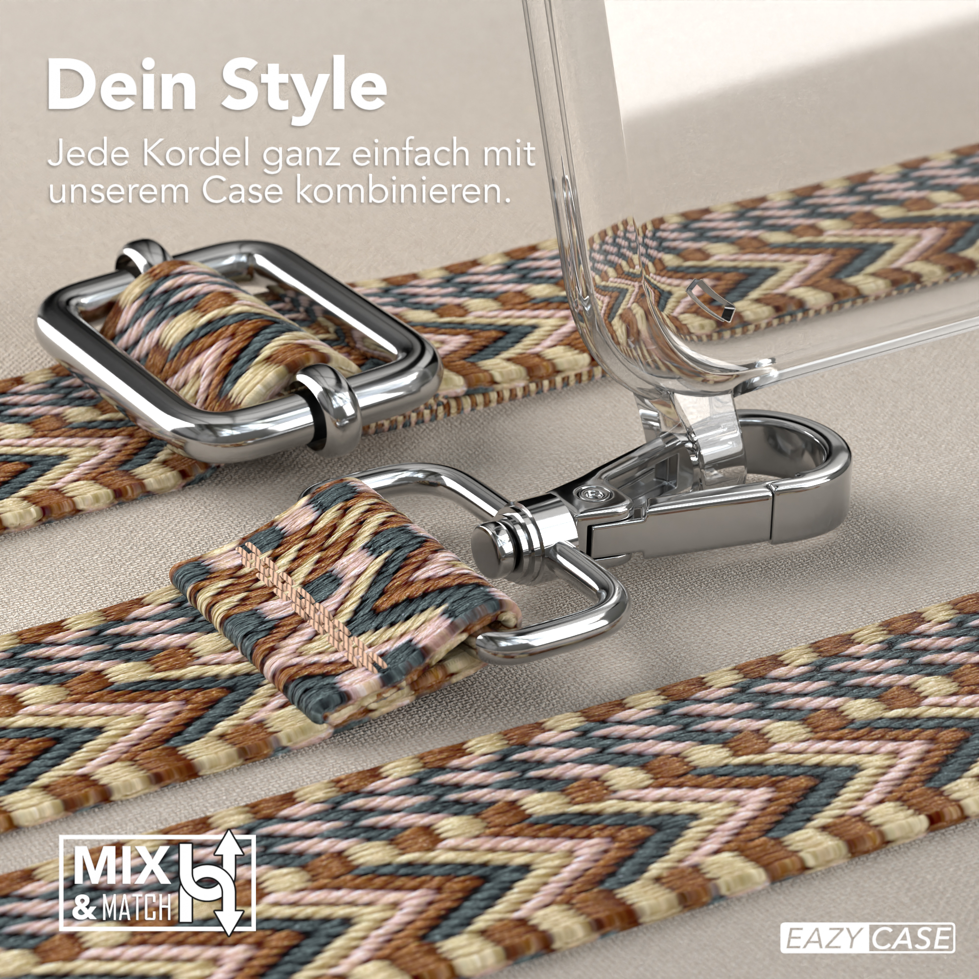 Nahaufnahme einer Handyhülle und eines Trageriemens mit Metallverschlüssen und buntem Webmuster.