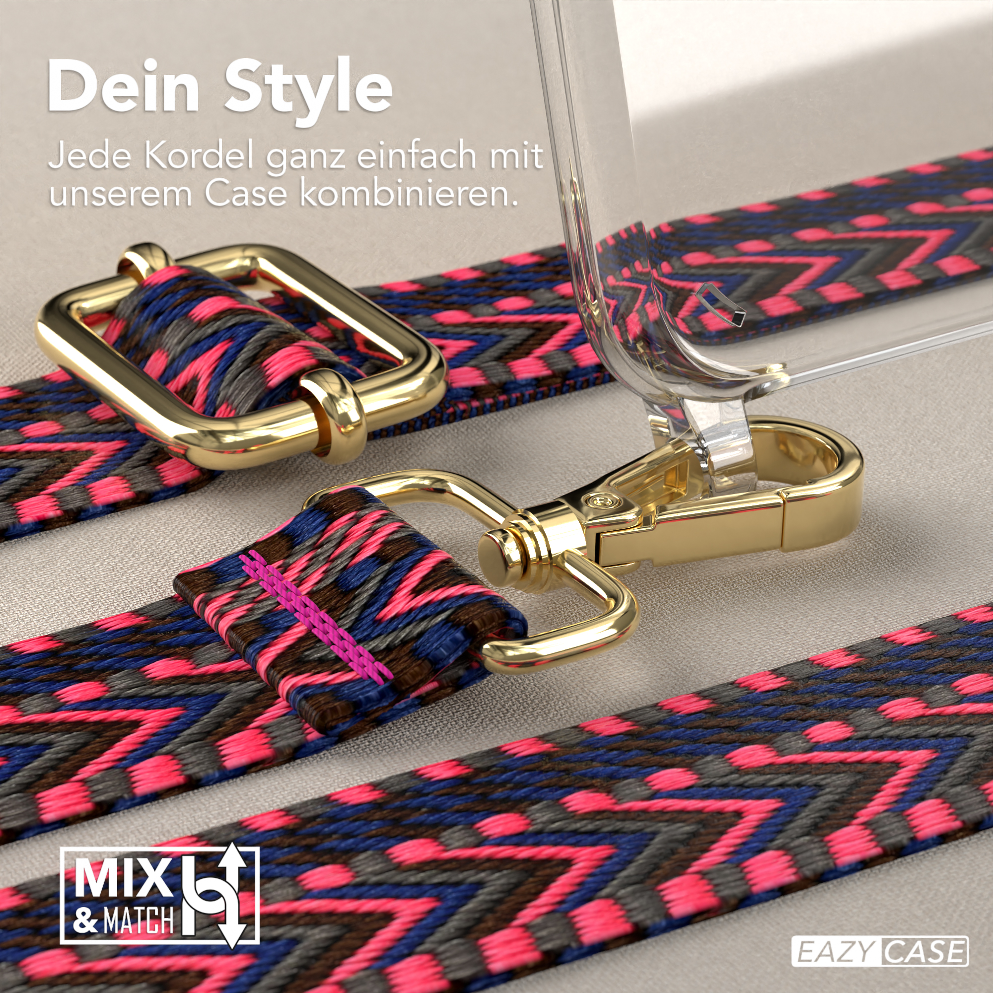 Nahaufnahme des Telefonriemens mit goldener Schließe und rosa-blauem Muster.
