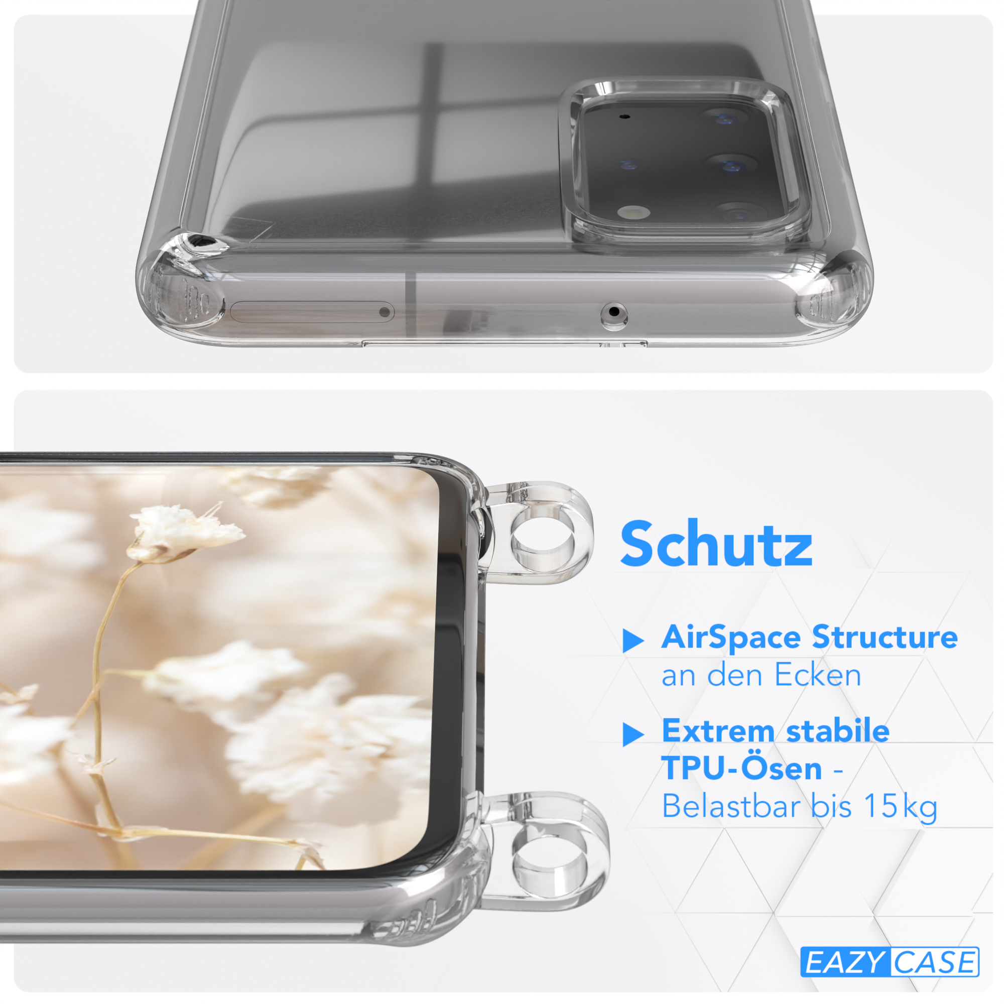 Samsung, EAZY Grau CASE 5G, Kordel mit / Handyhülle Schwarz Style, / Galaxy S20 Plus Plus S20 Umhängetasche, Transparente Boho