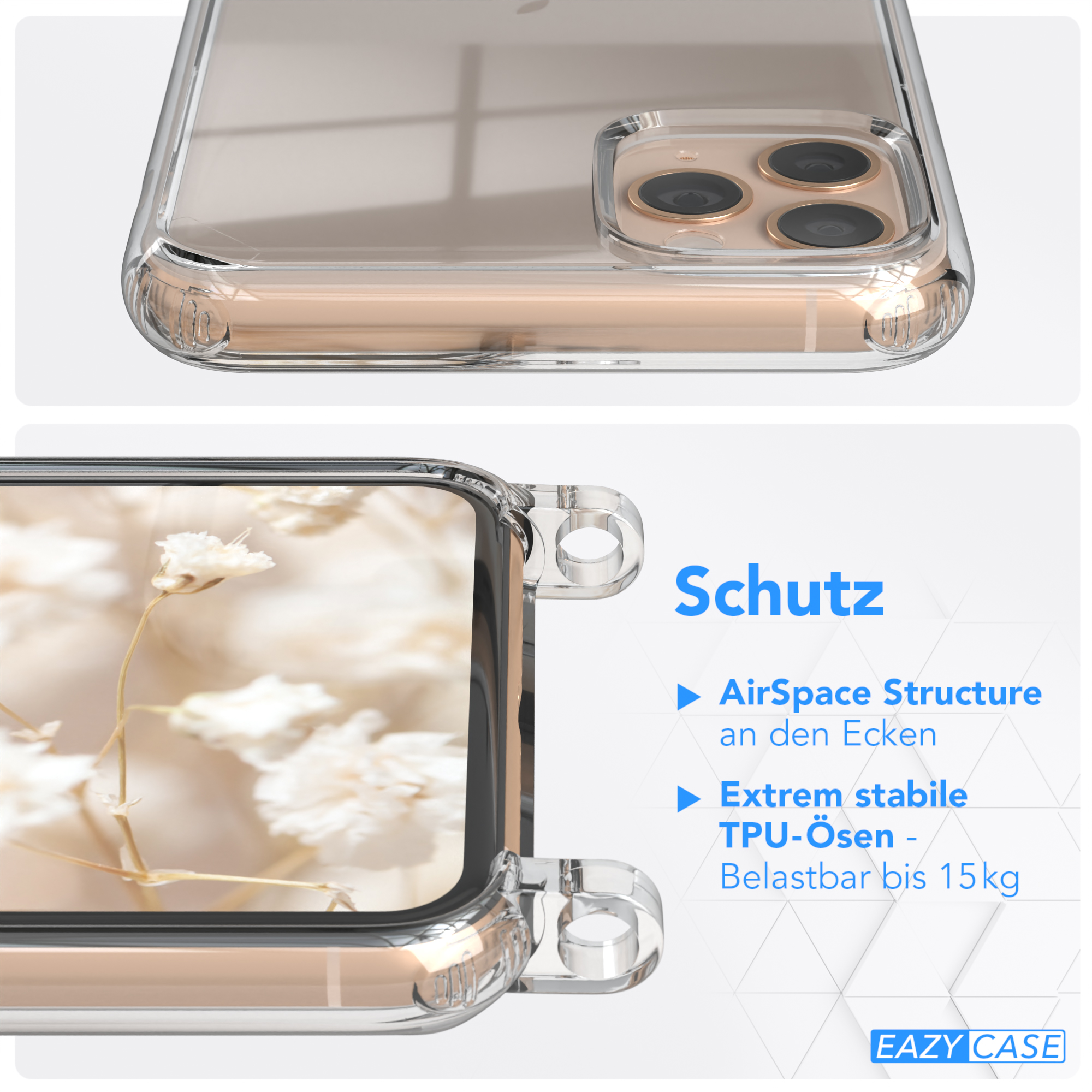 EAZY CASE Transparente Max, Handyhülle iPhone Umhängetasche, Apple, mit Kordel 11 Pro / Boho Style, Hellblau Rot