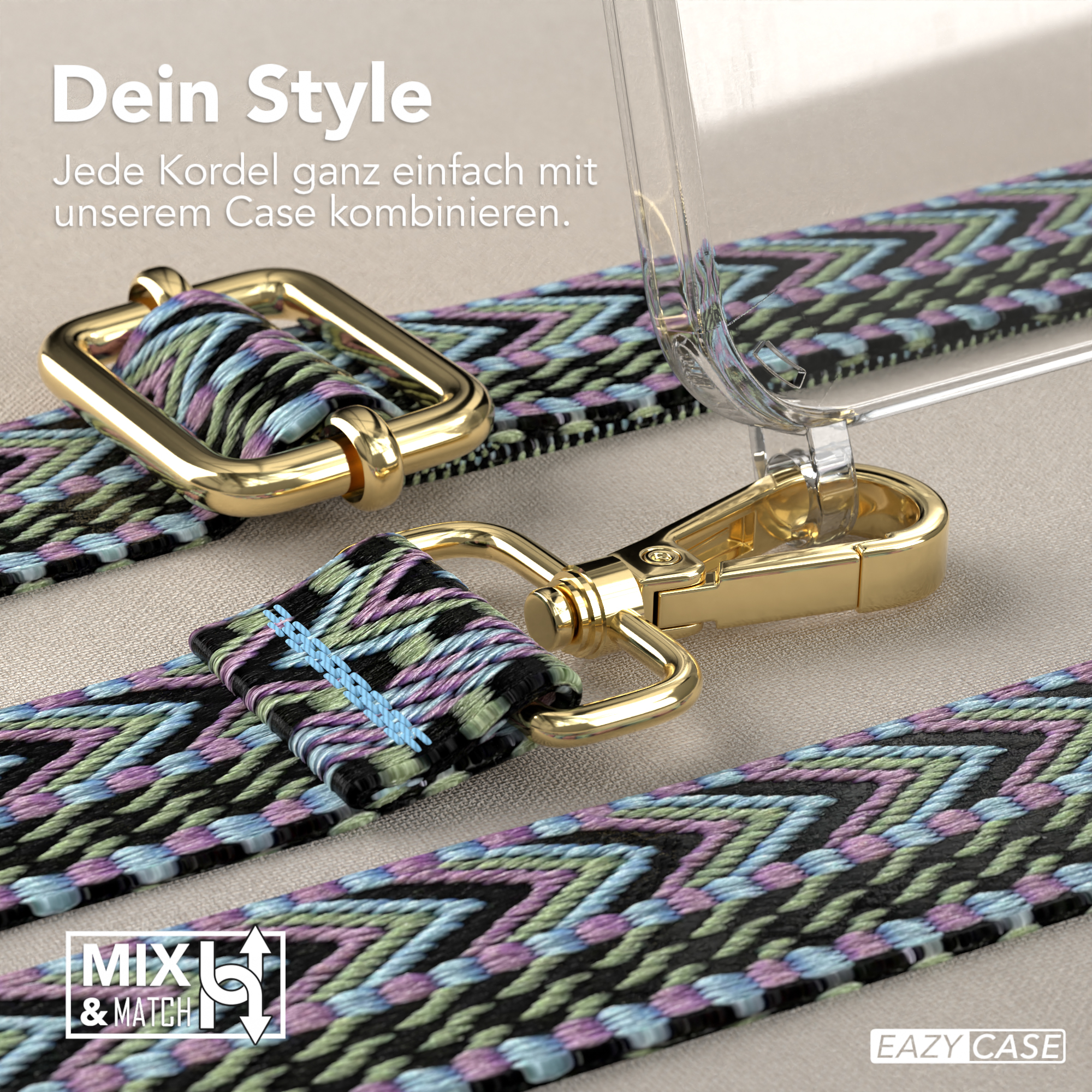 Nahaufnahme der Handyhülle mit Trägern und goldenen Verschlüssen, die das Design zeigt.