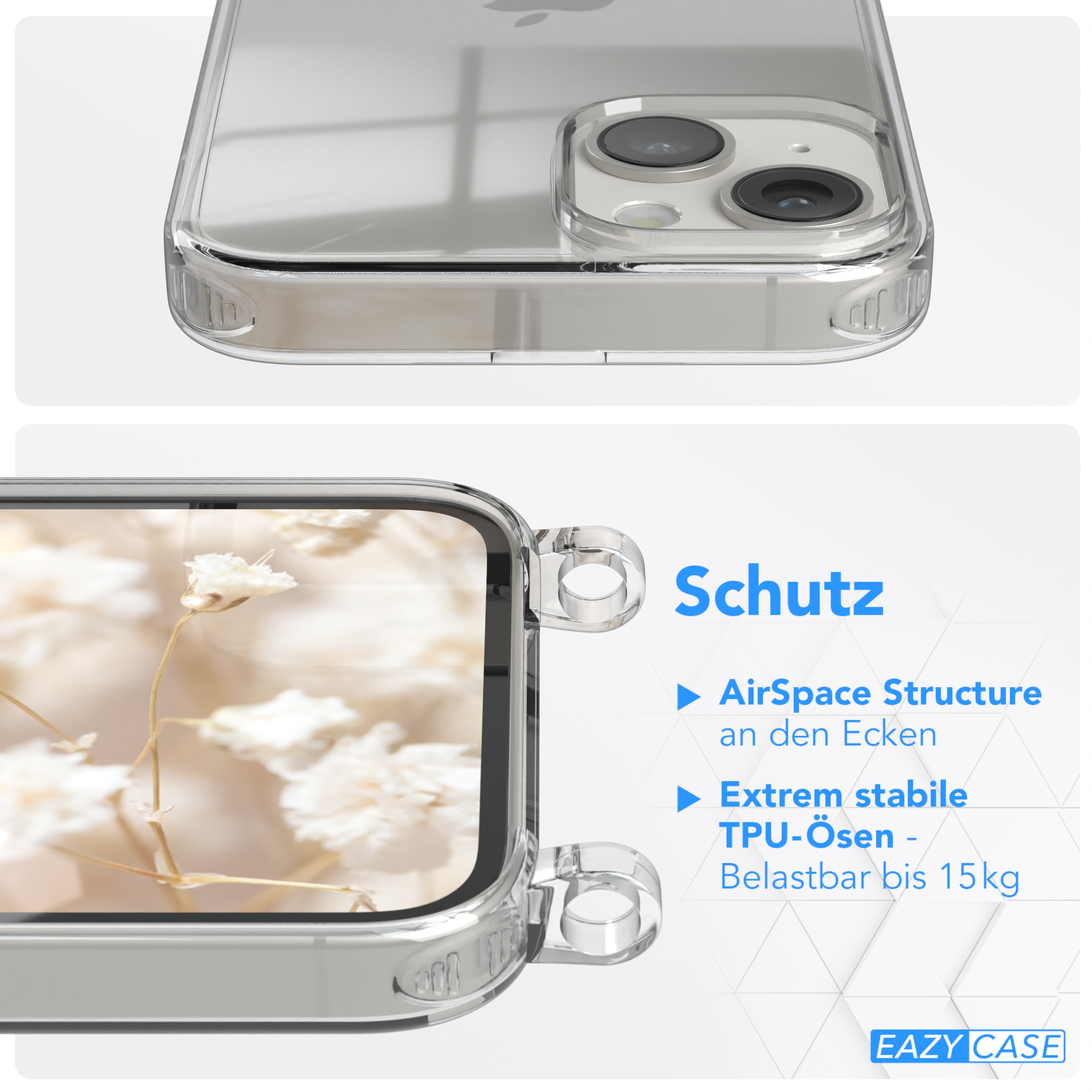EAZY CASE Transparente Handyhülle mit iPhone Blau 14, Kordel Weiß Style, Umhängetasche, / Boho Apple