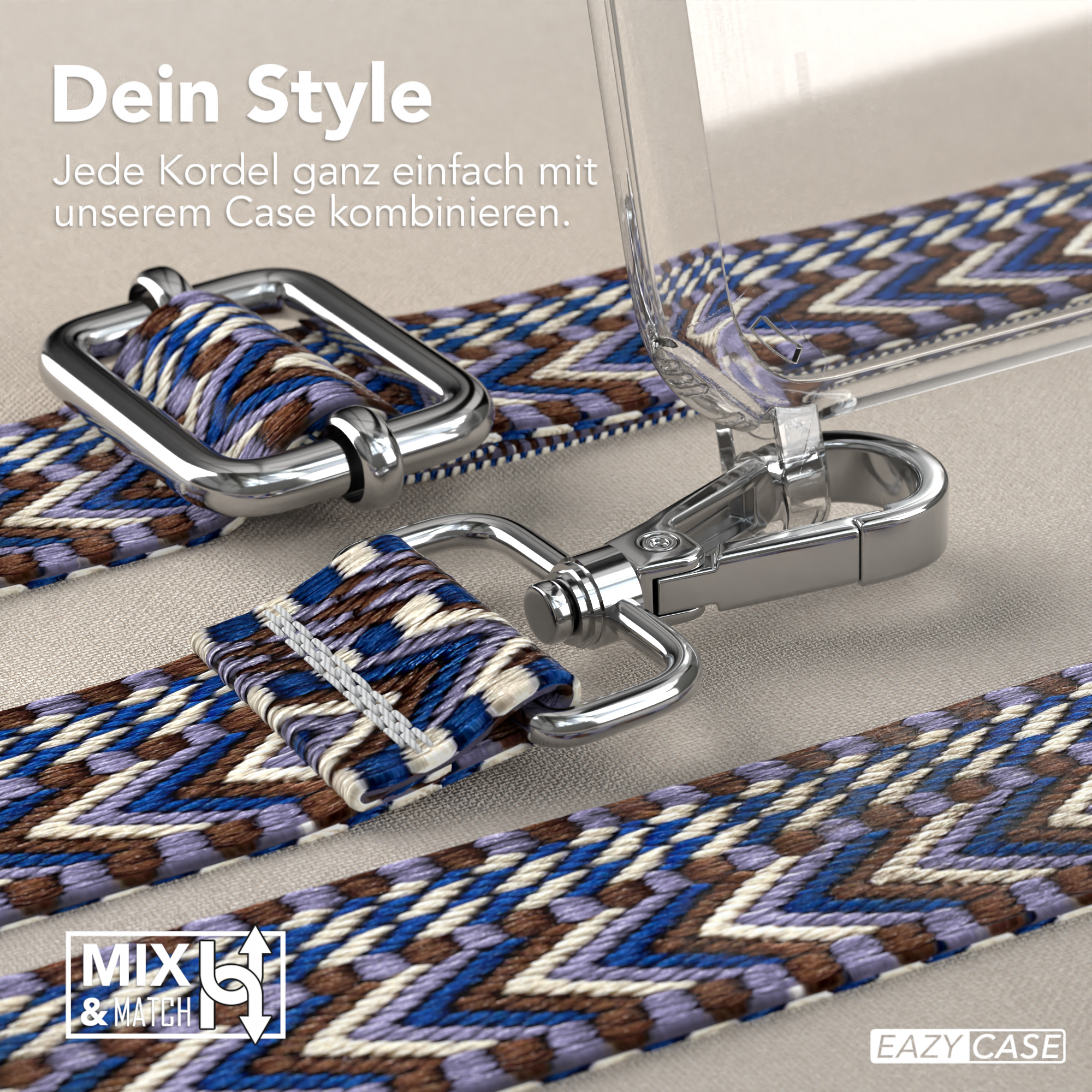 Nahaufnahme eines Telefonriemens mit blauem und lila Muster und silberner Hardware.