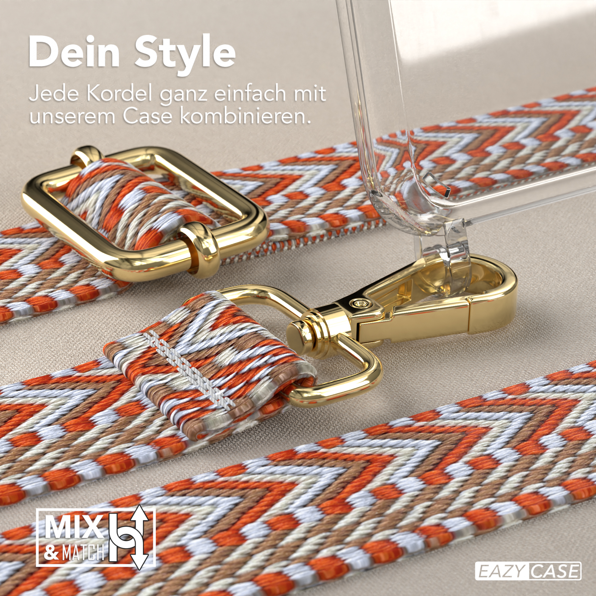 Nahaufnahme des Telefonriemens. Goldener Verschluss und Beschläge. Orange, braunes und beiges Muster.