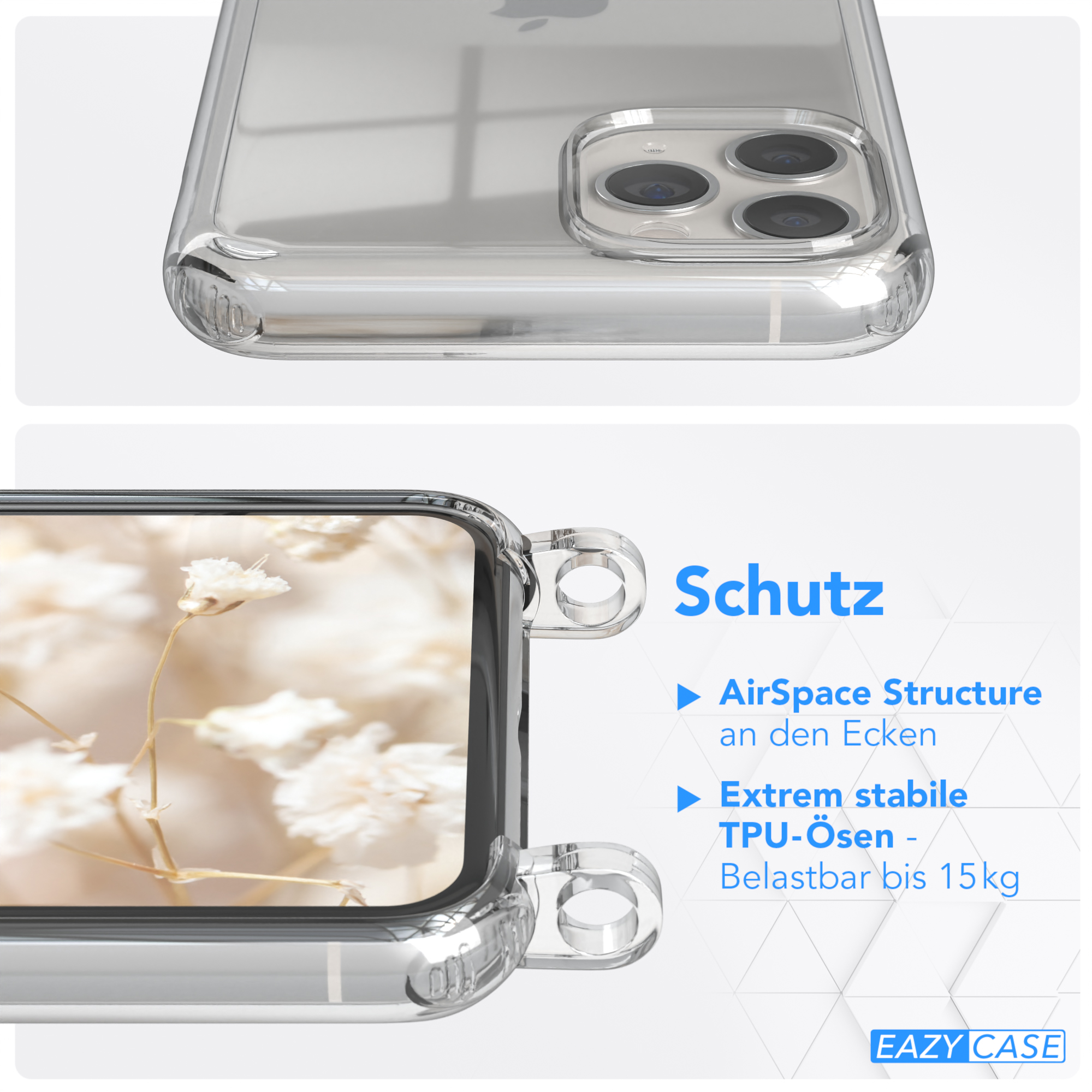/ 11 EAZY Transparente iPhone Apple, Boho mit Umhängetasche, CASE Hellblau Style, Rot Kordel Pro, Handyhülle