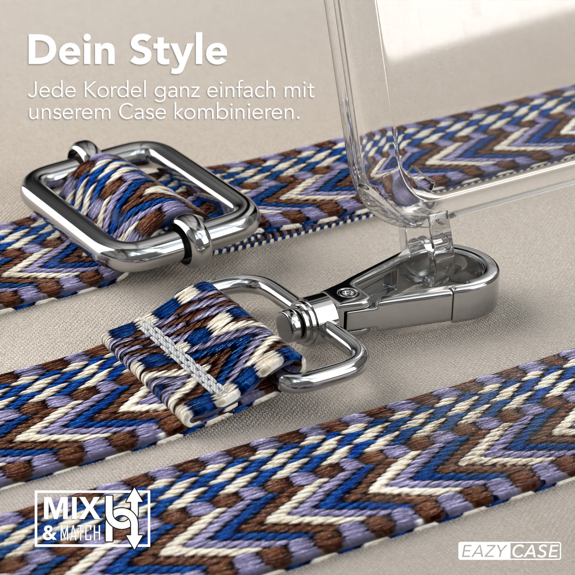Nahaufnahme einer Handyhülle mit Trägern. Silberne Haken und Zickzackmuster. Heller Hintergrund.