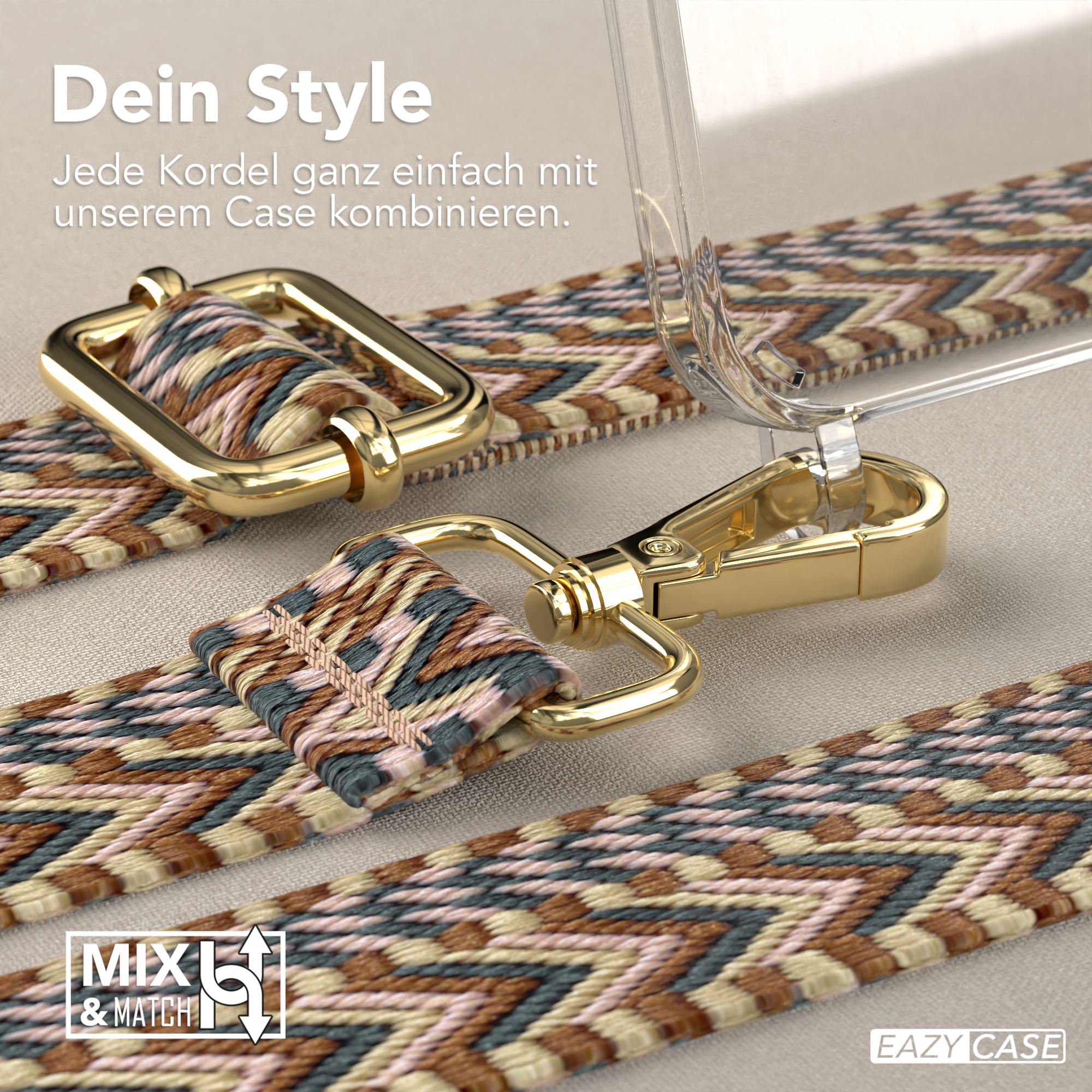 Nahaufnahme von Telefonband und Metallclip. Gemustertes Band in Braun, Blau und Beige.
