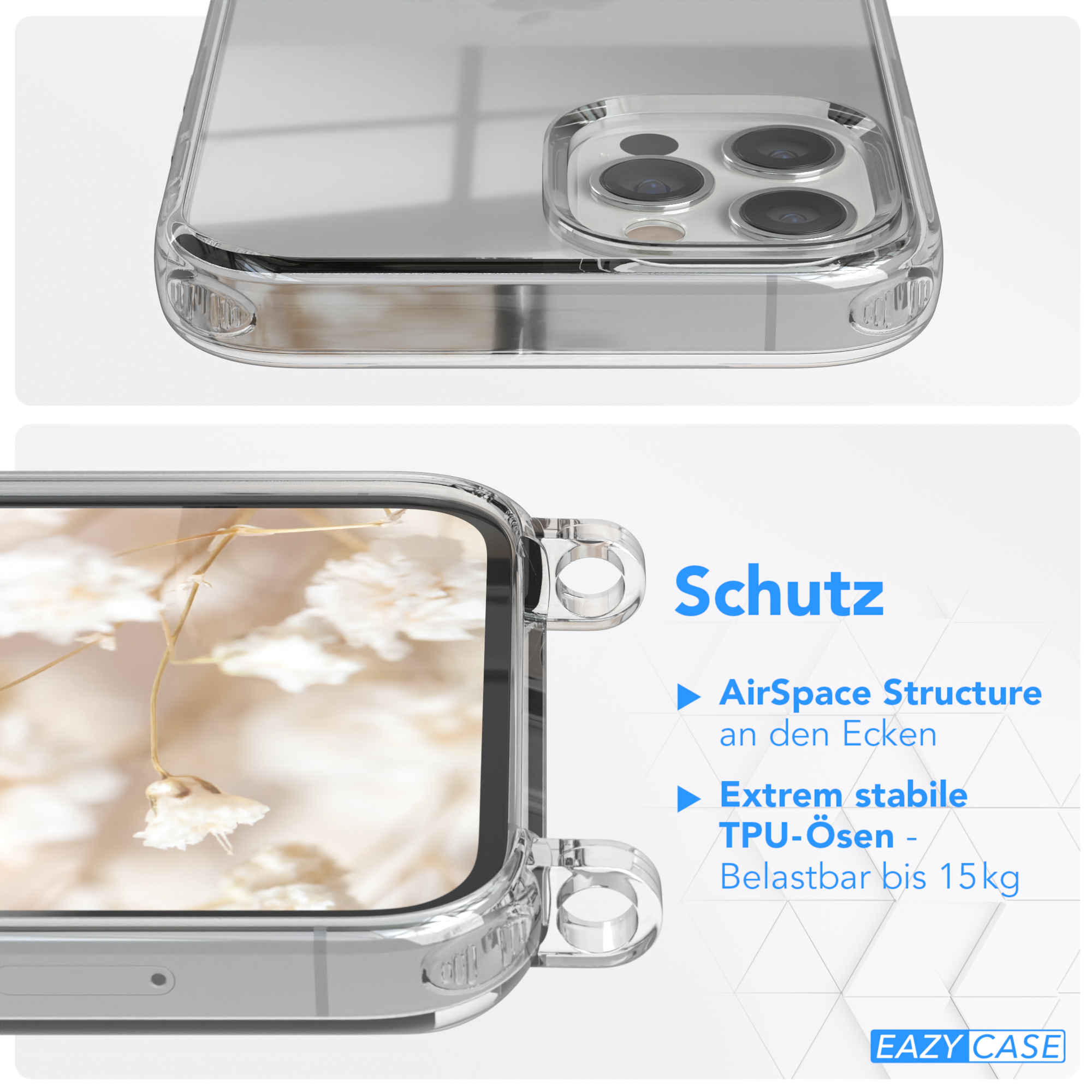 Eine transparente Handyhülle. Der Text lautet AirSpace Structure und Extrem stabile TPU-Ösen. Der Hintergrund ist floral.