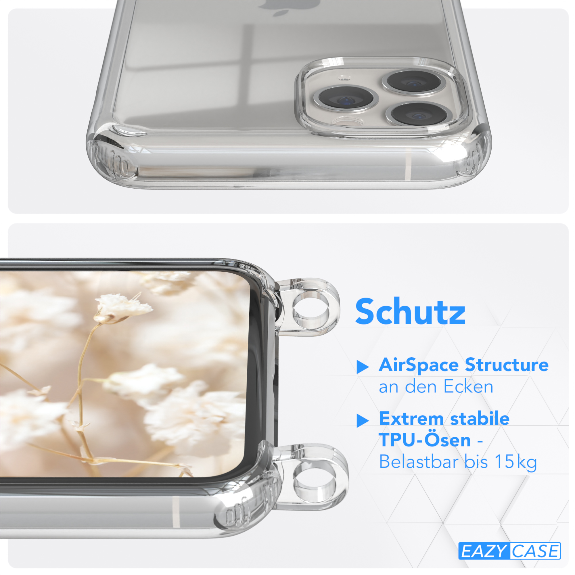 Eine klare Handyhülle mit Telefon darin. Die Hülle hat Schutzdetails.