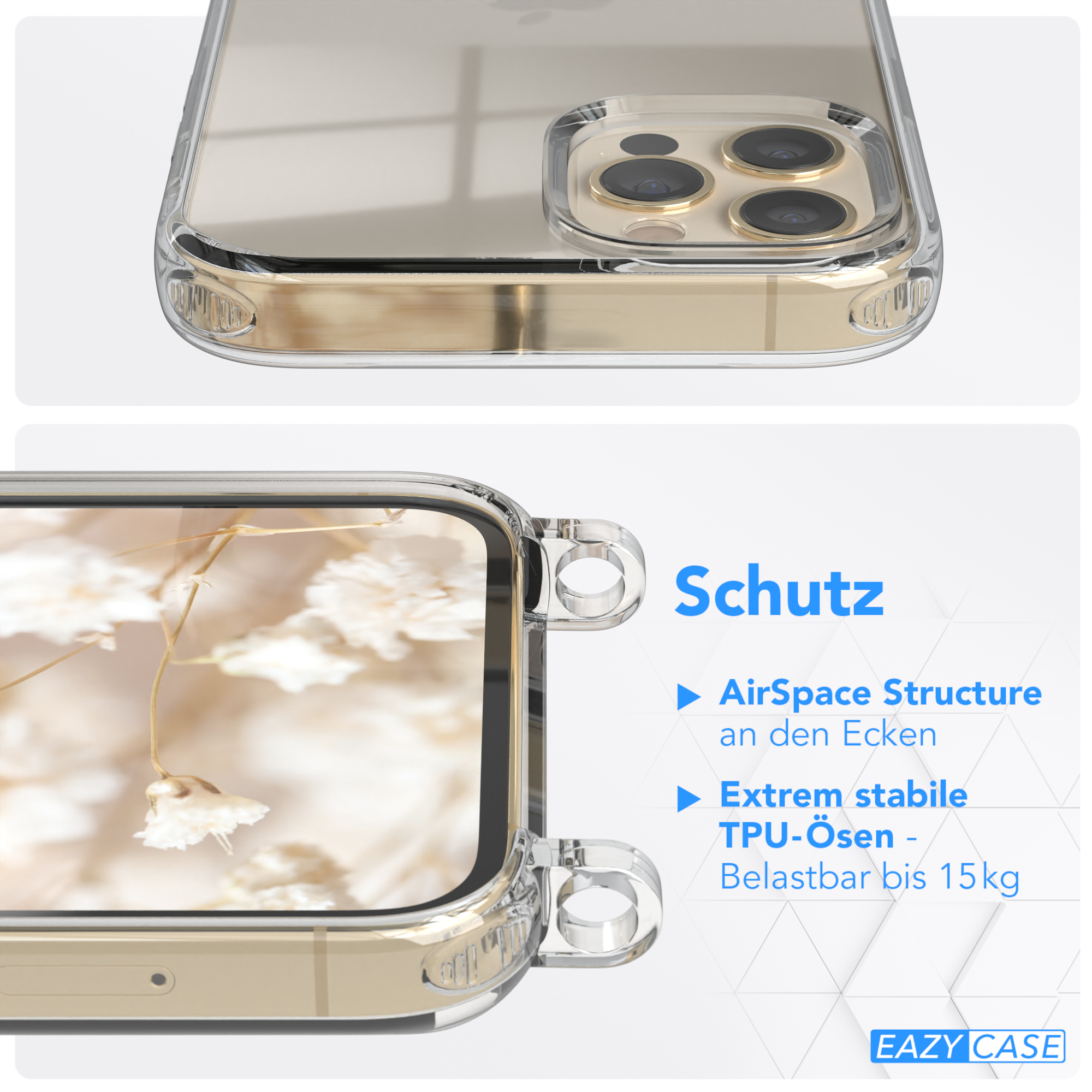 Nahaufnahme einer Handyhülle, mit klarer Hülle auf einem goldenen Telefon.