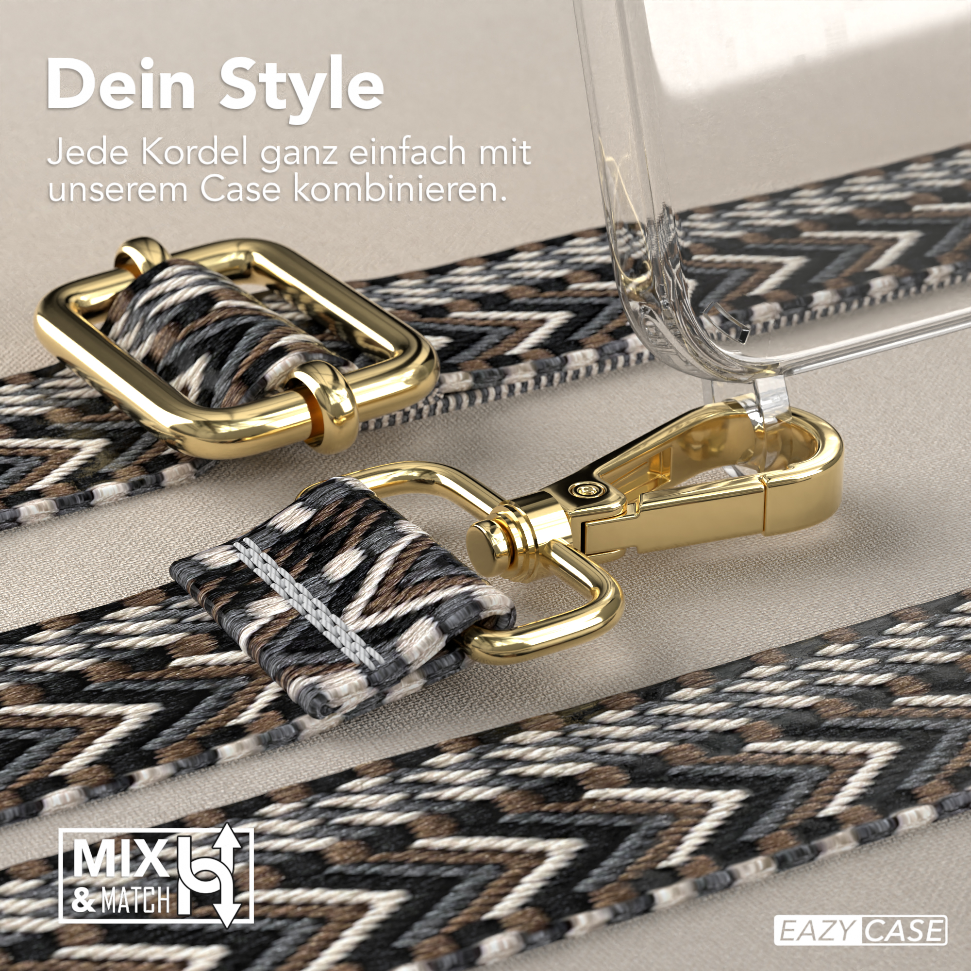 Handyhülle mit Riemen und goldener Hardware.