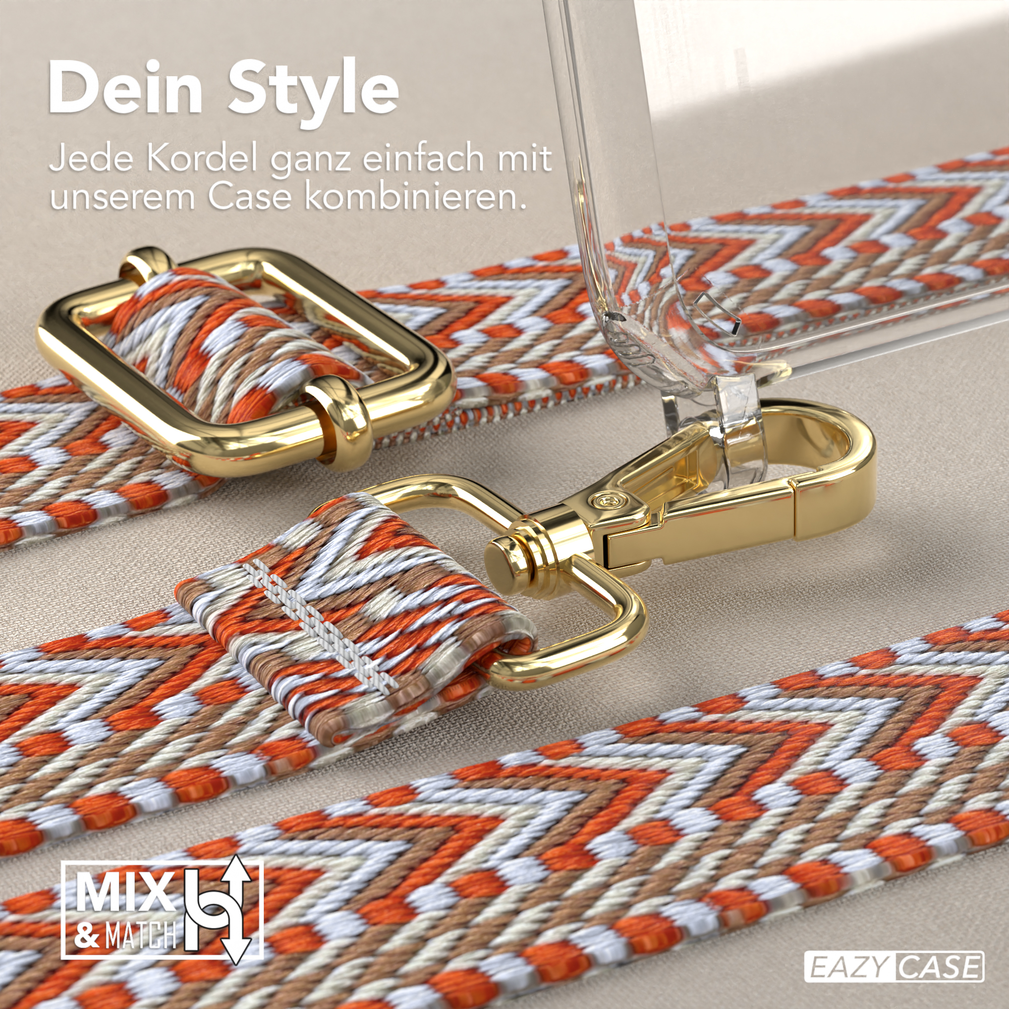 Nahaufnahme des Telefonriemens. Goldener Verschluss und Beschläge. Orange, braunes und beiges Muster.