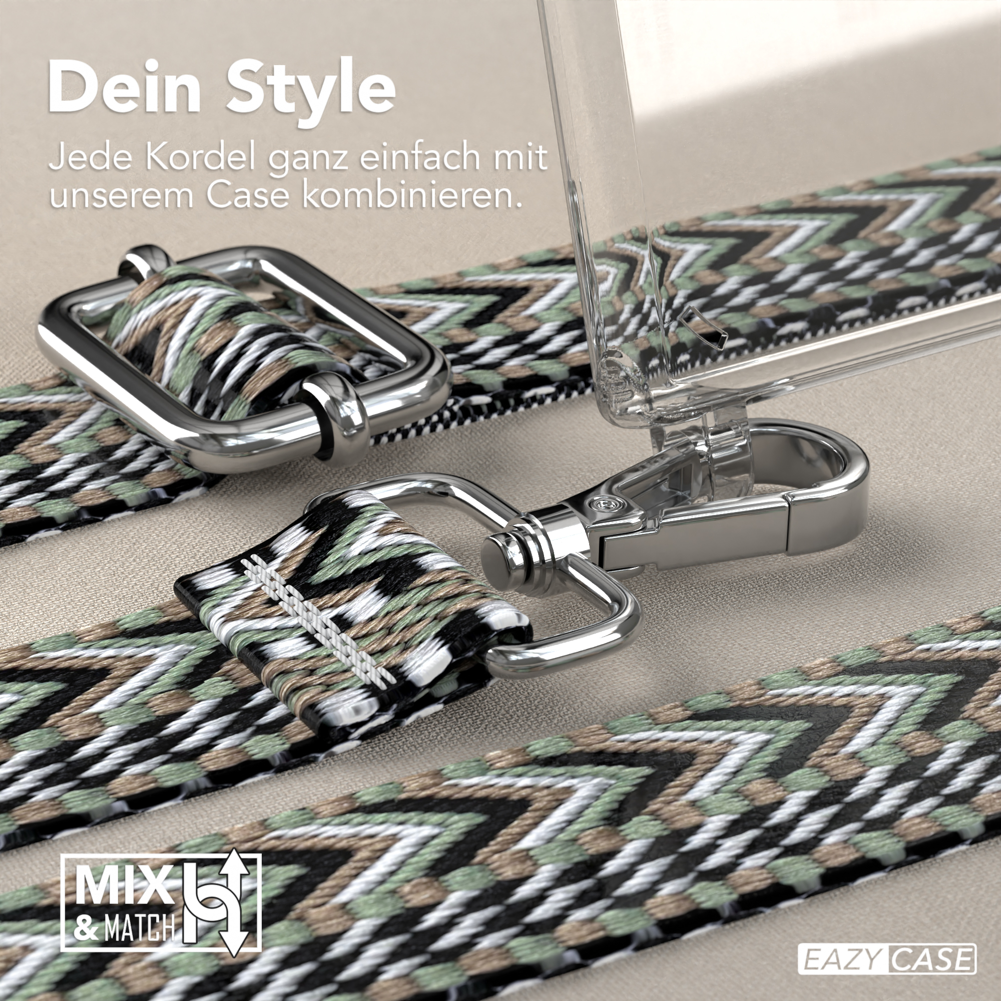 Nahaufnahme von Handy-Gurten mit verschiedenen Farbmustern und Metallverschlüssen. Text: Mix & Match, dein Style.