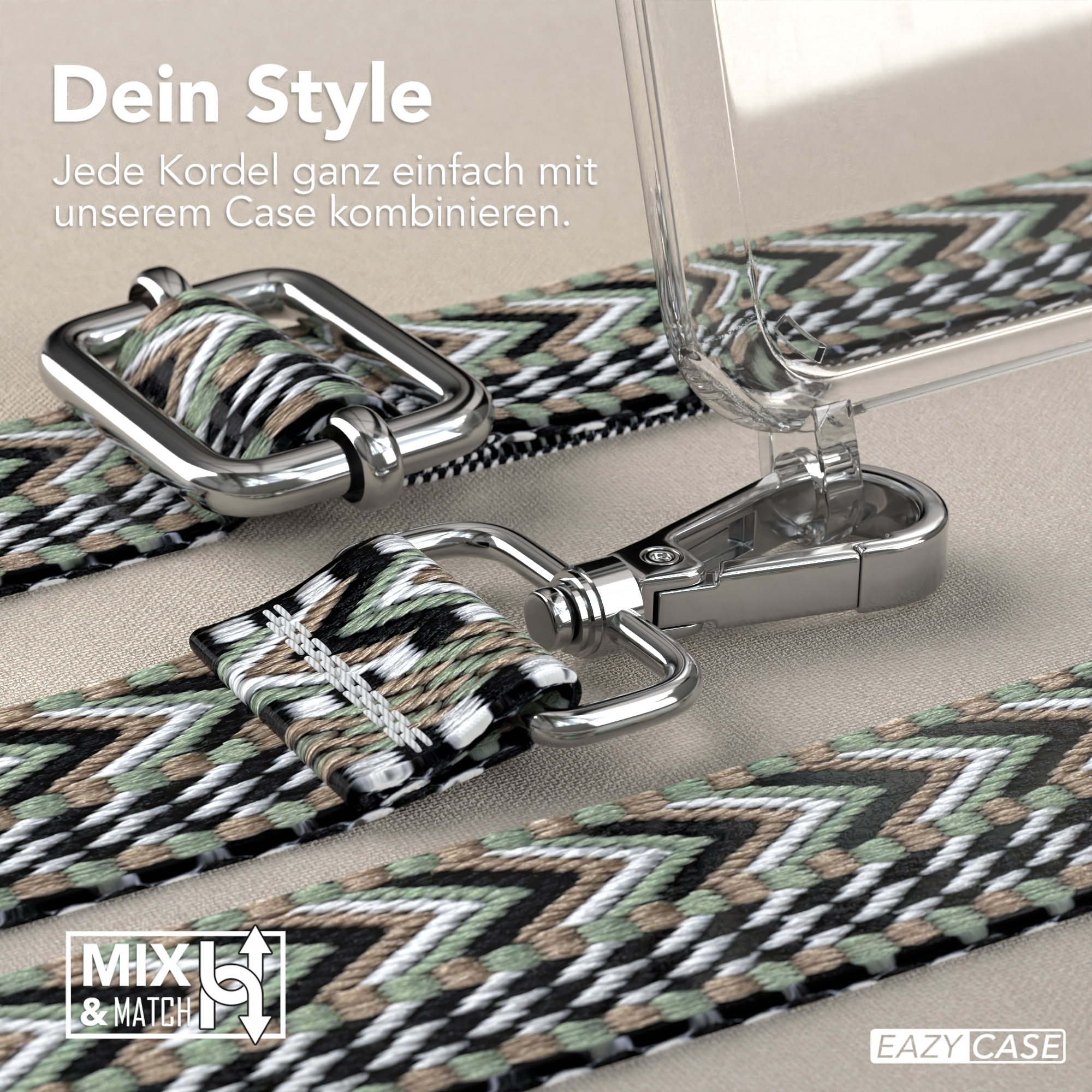 Nahaufnahme von Handyhüllen-Zubehör, zeigt Riemen und Metallverschlüsse.