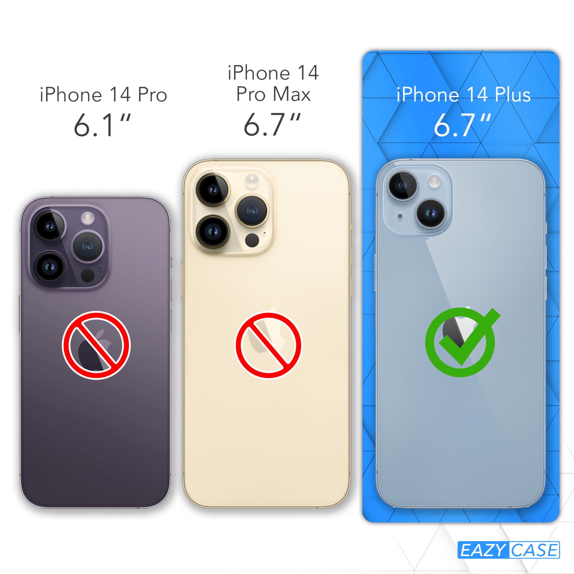Drei Handys. iPhone 14 Pro nicht kompatibel, iPhone 14 Pro Max nicht kompatibel, iPhone 14 Plus kompatibel.