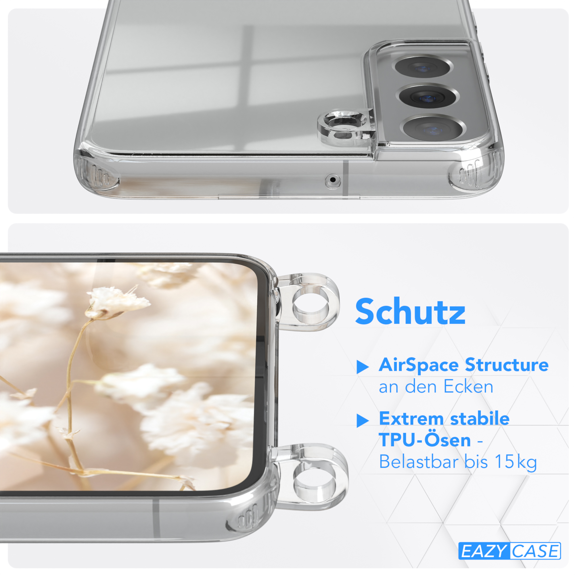 EAZY CASE Plus Weiß Style, Samsung, Kordel 5G, Boho Umhängetasche, Blau S22 Handyhülle mit Galaxy / Transparente