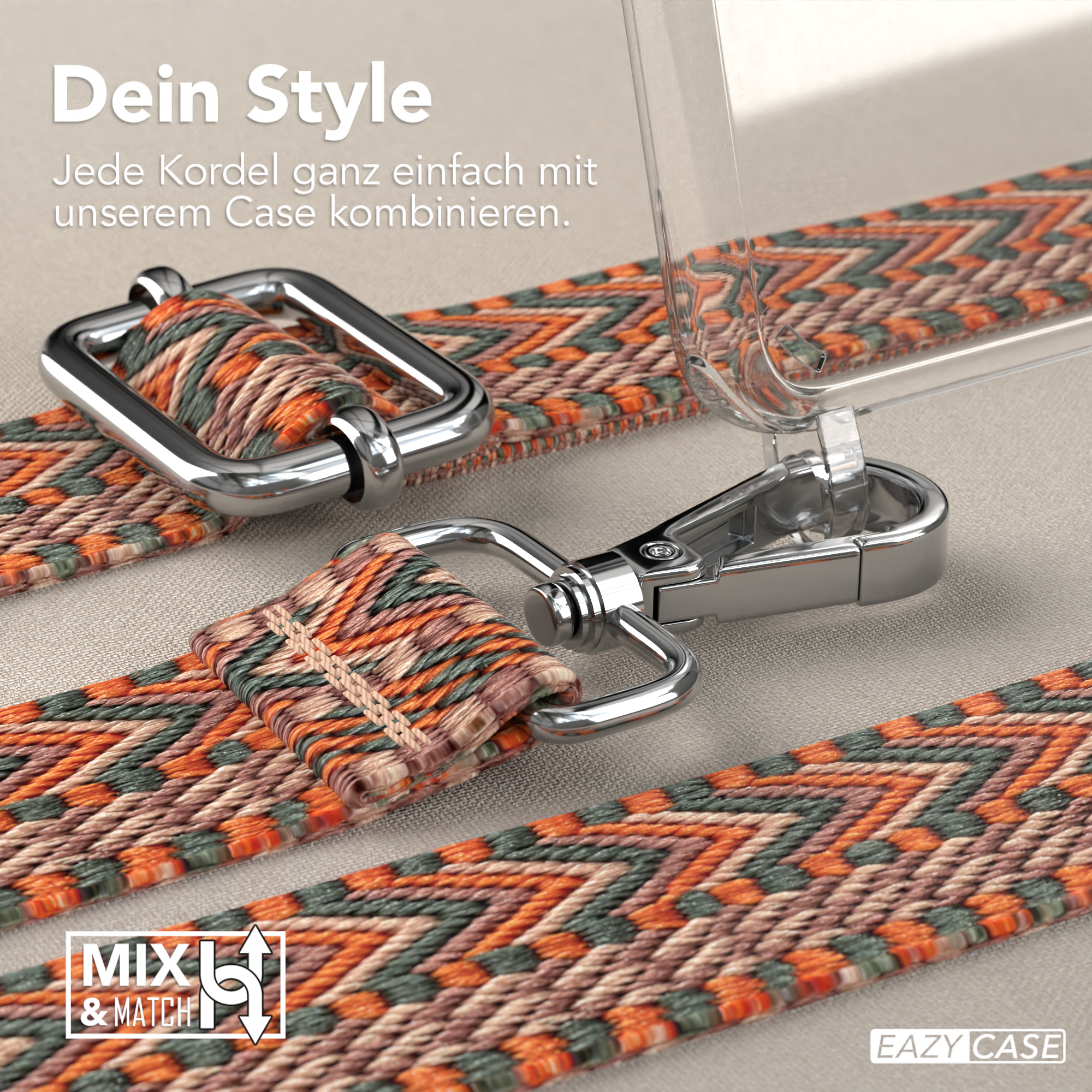 Nahaufnahme von Handystrap und Hülle mit farbenfrohem Webmuster. Silberne Metallbeschläge sichtbar.