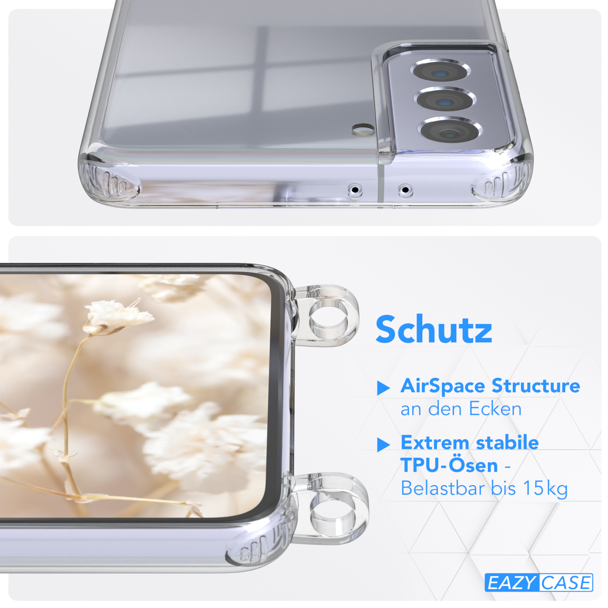 Detail der transparenten Handyhülle, mit klarer Hülle und Telefon. Weißer Hintergrund mit Text.
