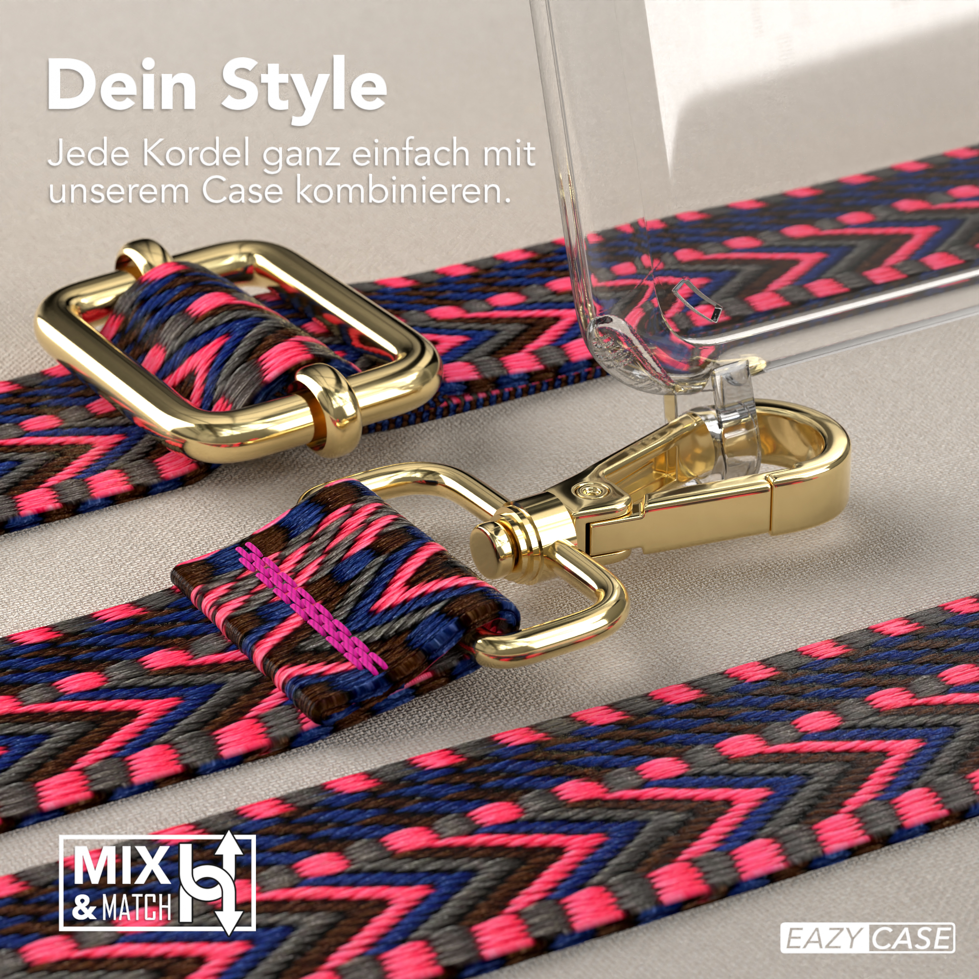 Nahaufnahme eines Riemens mit goldener Hardware und einer durchsichtigen Handyhülle. Text: Dein Style.