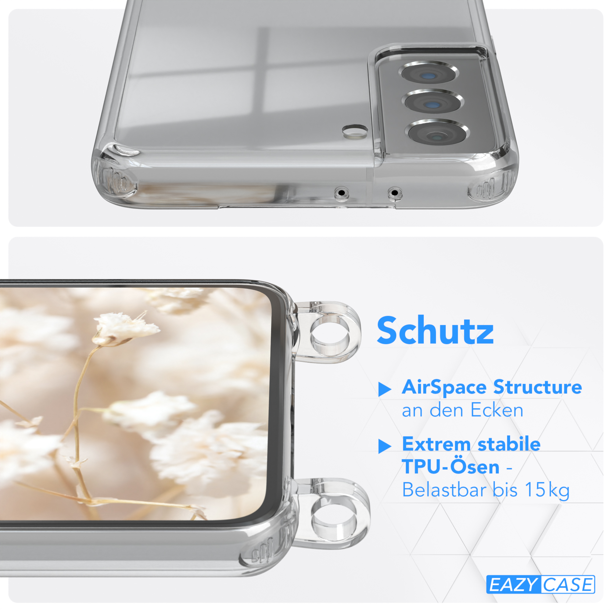 Transparente Handyhülle mit Telefon darin. Die Handyhülle enthält einen Schutztext.