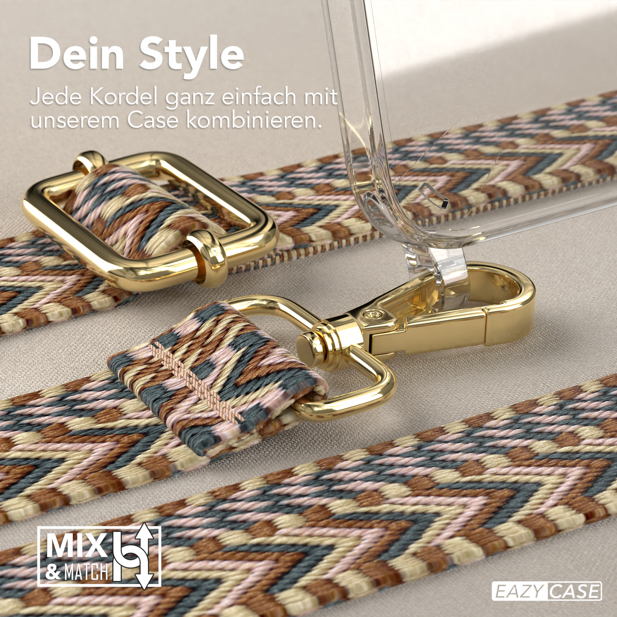 Nahaufnahme einer Handyhülle mit Trageriemen. Goldener Verschluss und Muster sichtbar.