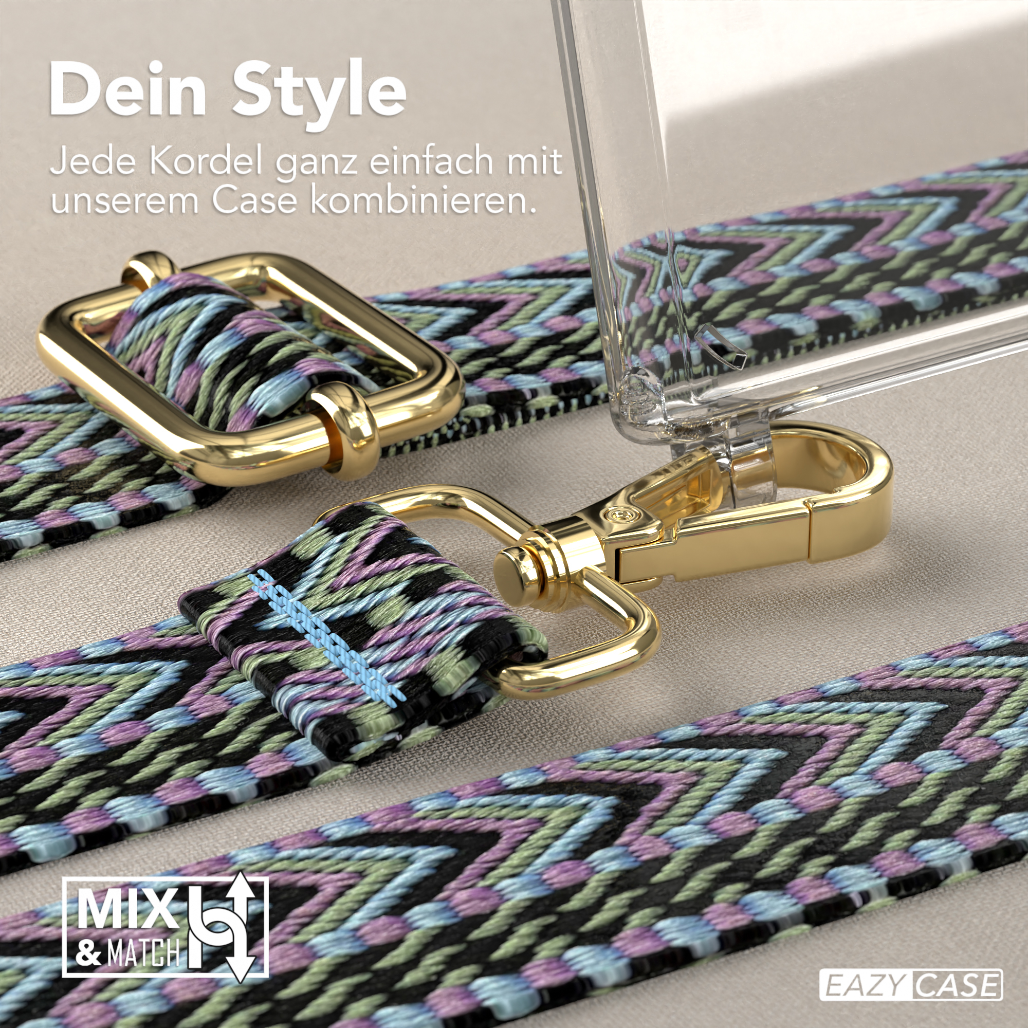 Nahaufnahme von Handyhüllenriemen mit goldenem Verschluss und Handyhülle.