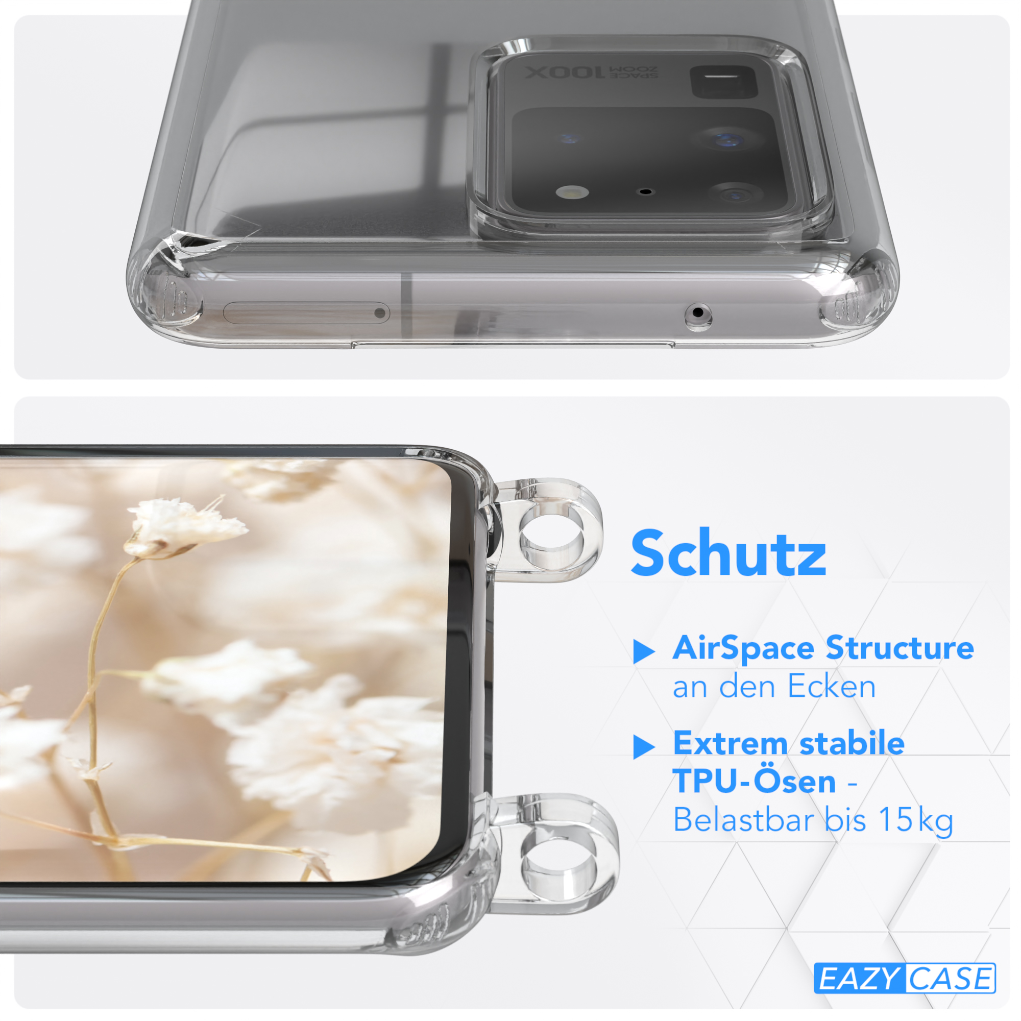 EAZY CASE Transparente Handyhülle mit Boho / S20 Weiß Blau 5G, S20 Ultra Ultra Umhängetasche, Samsung, / Galaxy Style, Kordel