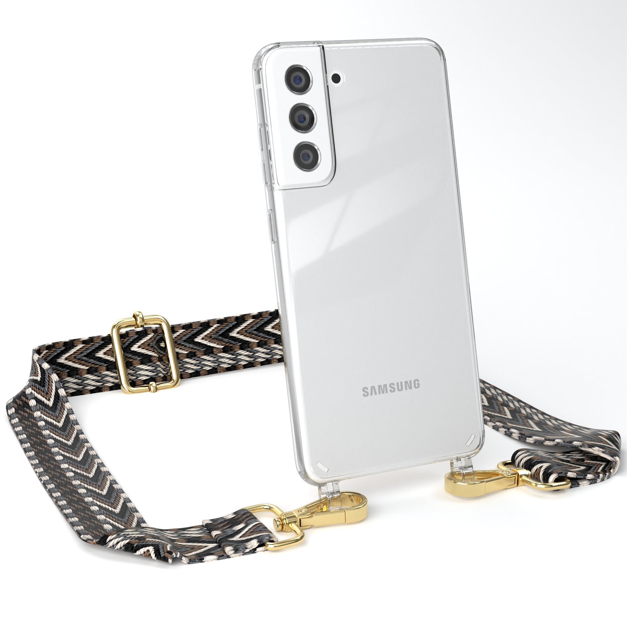 FE mit S21 Schwarz / Grau 5G, EAZY Samsung, Transparente Umhängetasche, CASE Kordel Style, Galaxy Handyhülle Boho