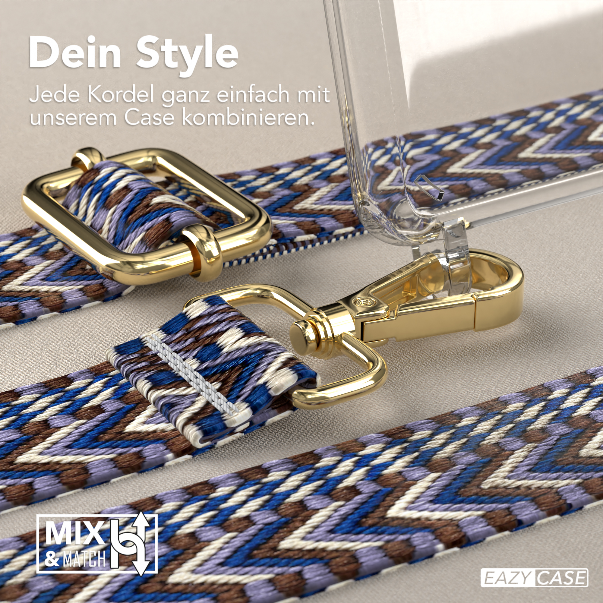 Nahaufnahme eines Telefonriemens mit goldenen Verschlüssen und blau/braun gemustertem Stoff.