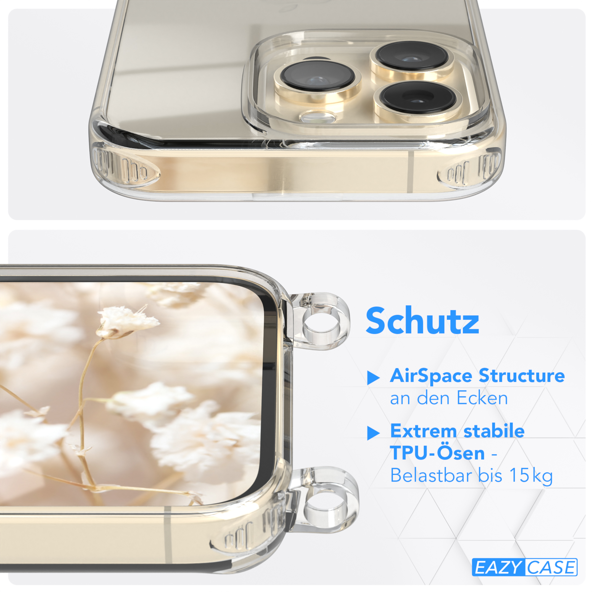 EAZY CASE Transparente Handyhülle mit iPhone 14 Apple, Grün Pro, Umhängetasche, Boho Style, / Schwarz Kordel