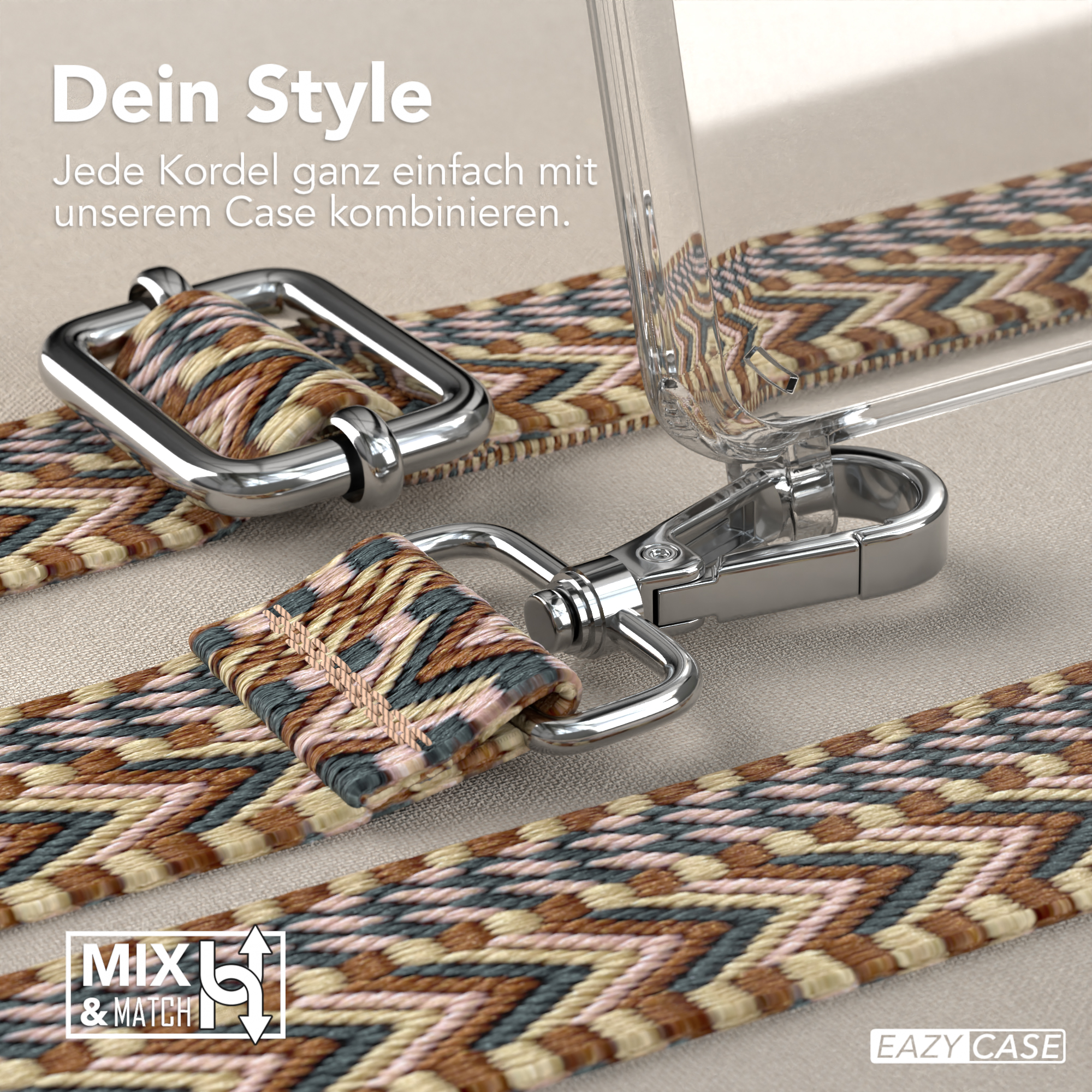 Nahaufnahme eines Telefonriemens mit silberner Hardware und gemustertem Riemen.