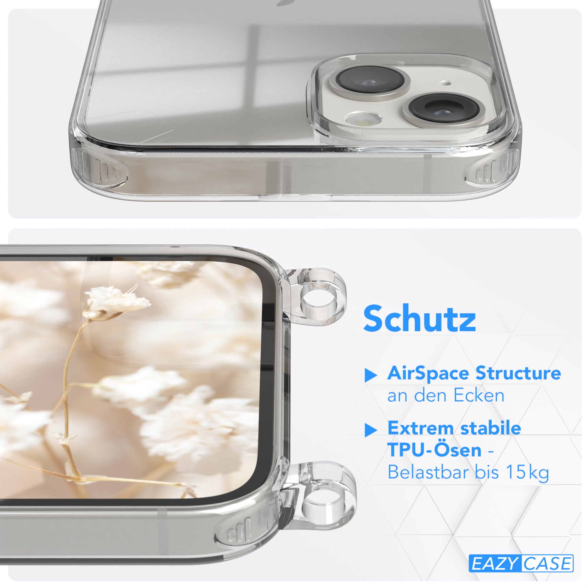 EAZY CASE Transparente Handyhülle Boho Apple, Kordel Umhängetasche, iPhone mit Plus, Blau 14 Style, Weiß 