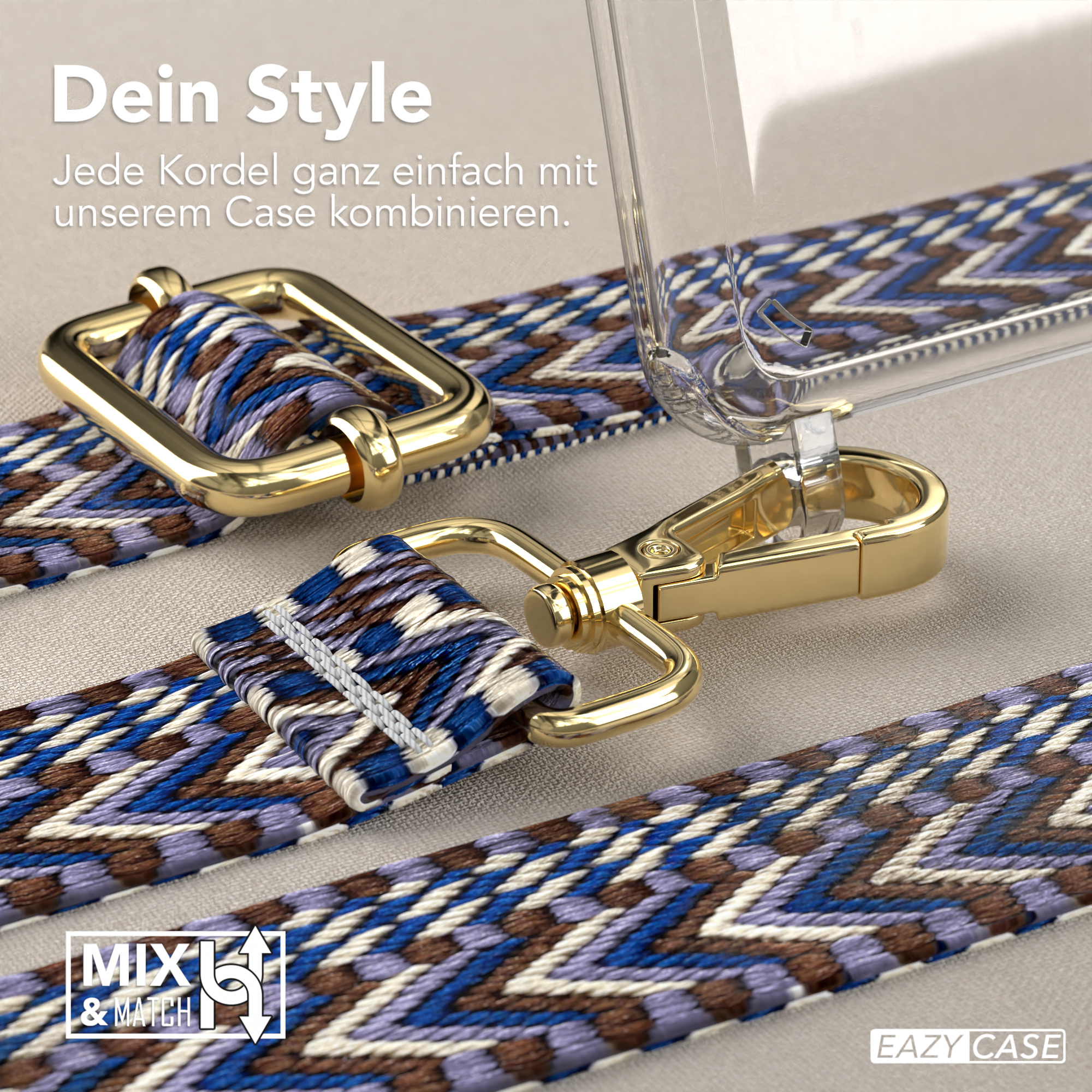 Nahaufnahme von Handyhüllenriemen mit goldenem Verschluss und Handyhülle.