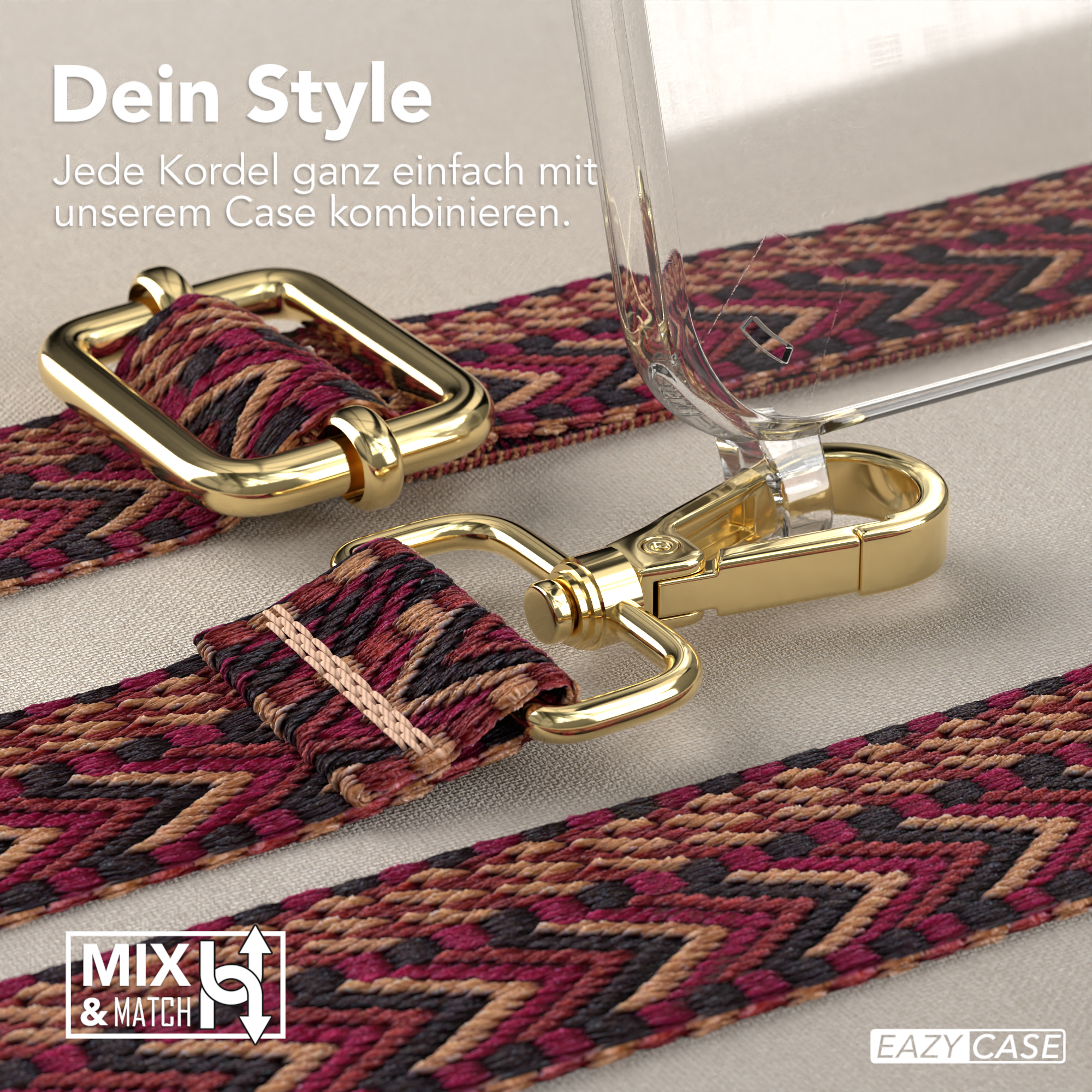 Nahaufnahme von Riemen und Riementeilen. Braun mit roten und schwarzen Mustern. Goldener Verschluss.